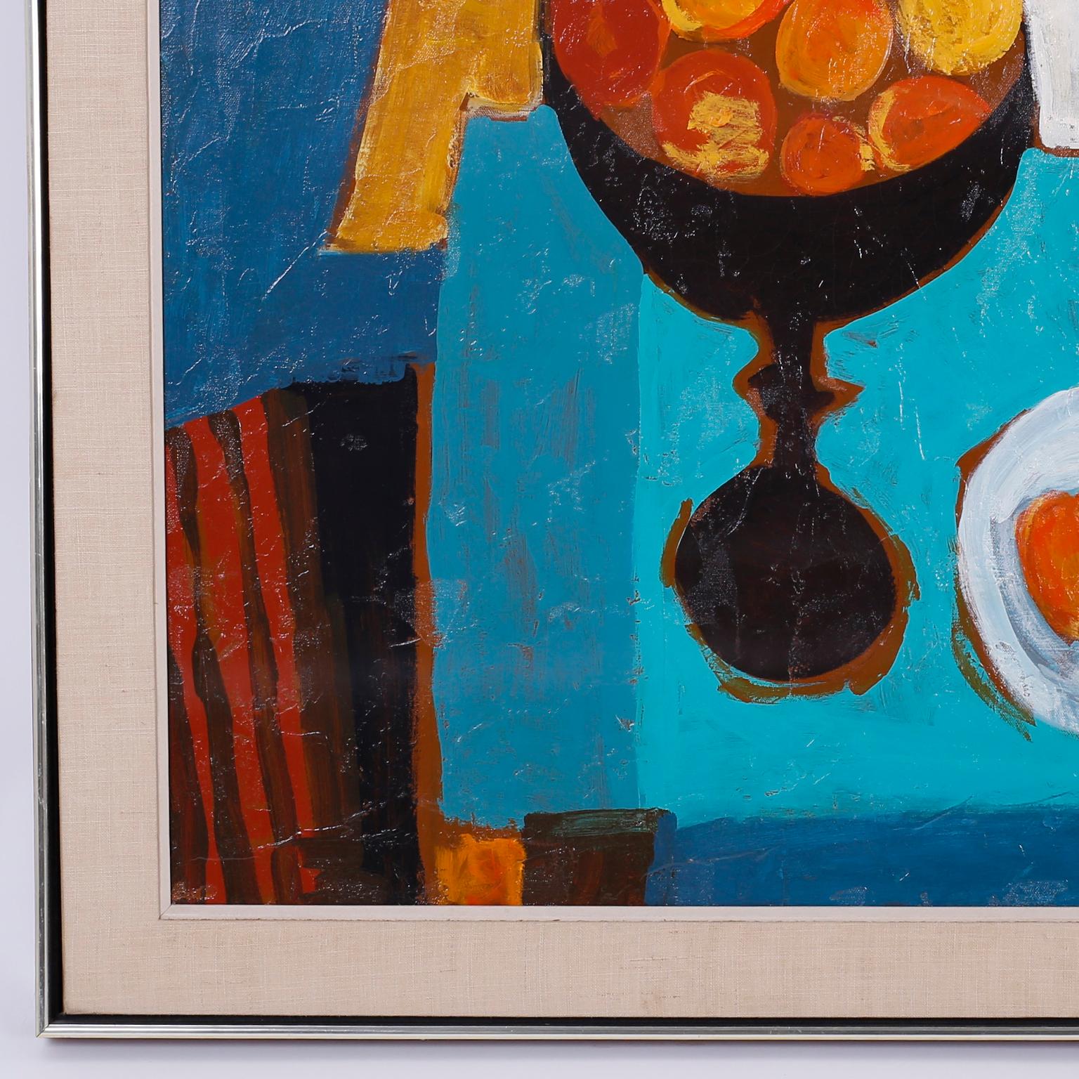 Mid century oil painting on canvas with an adept use of bold colors and a joyous spirit. The Classic still life genre re-invented over century is well represented here as a modernist contribution. Signed Foy in the lower right.