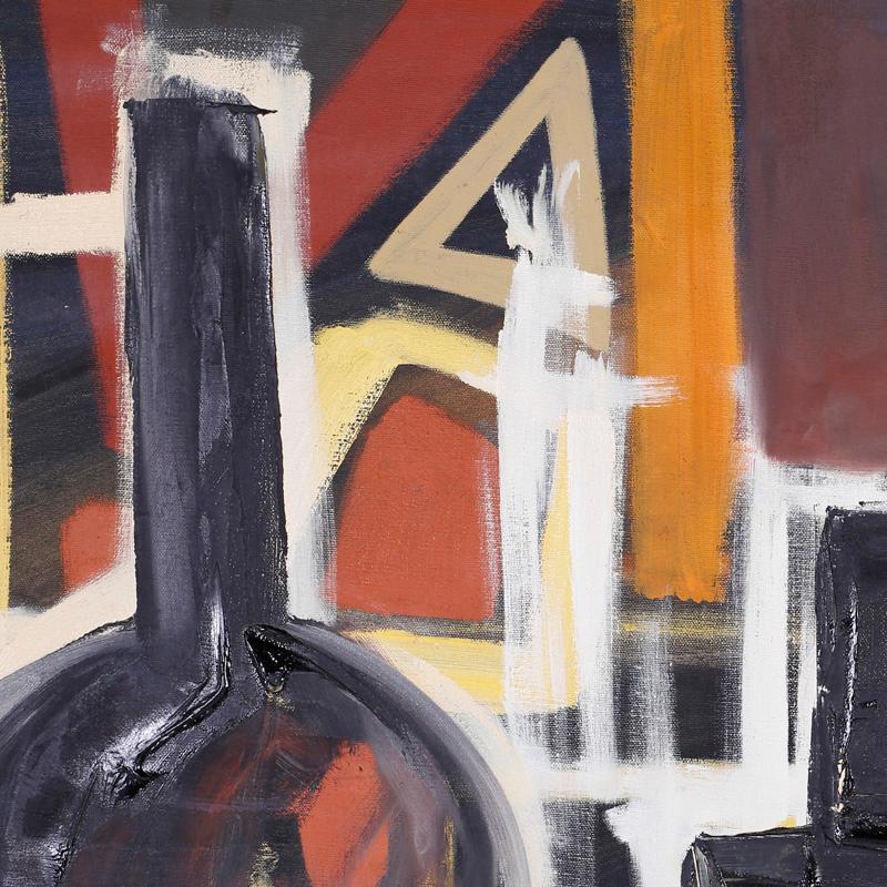 Bodegón de mediados de siglo pintado al óleo sobre lienzo con una perspectiva moderna que representa tres vasijas sobre un fondo abstracto. Firmado A. Weber 1968 en la parte inferior derecha y presentado en su marco original.