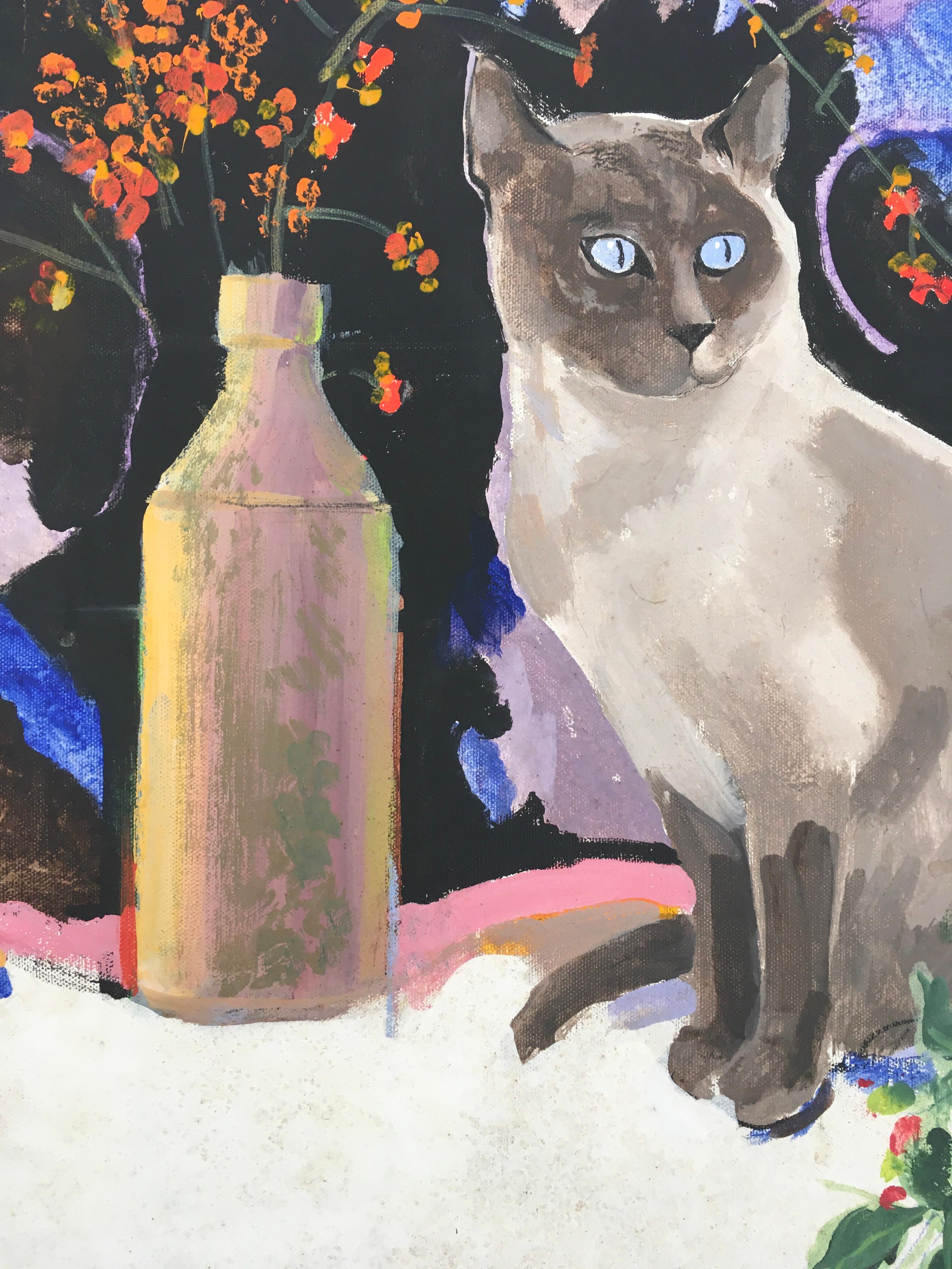 Modernist Still Life Painting with Cat For Sale 4