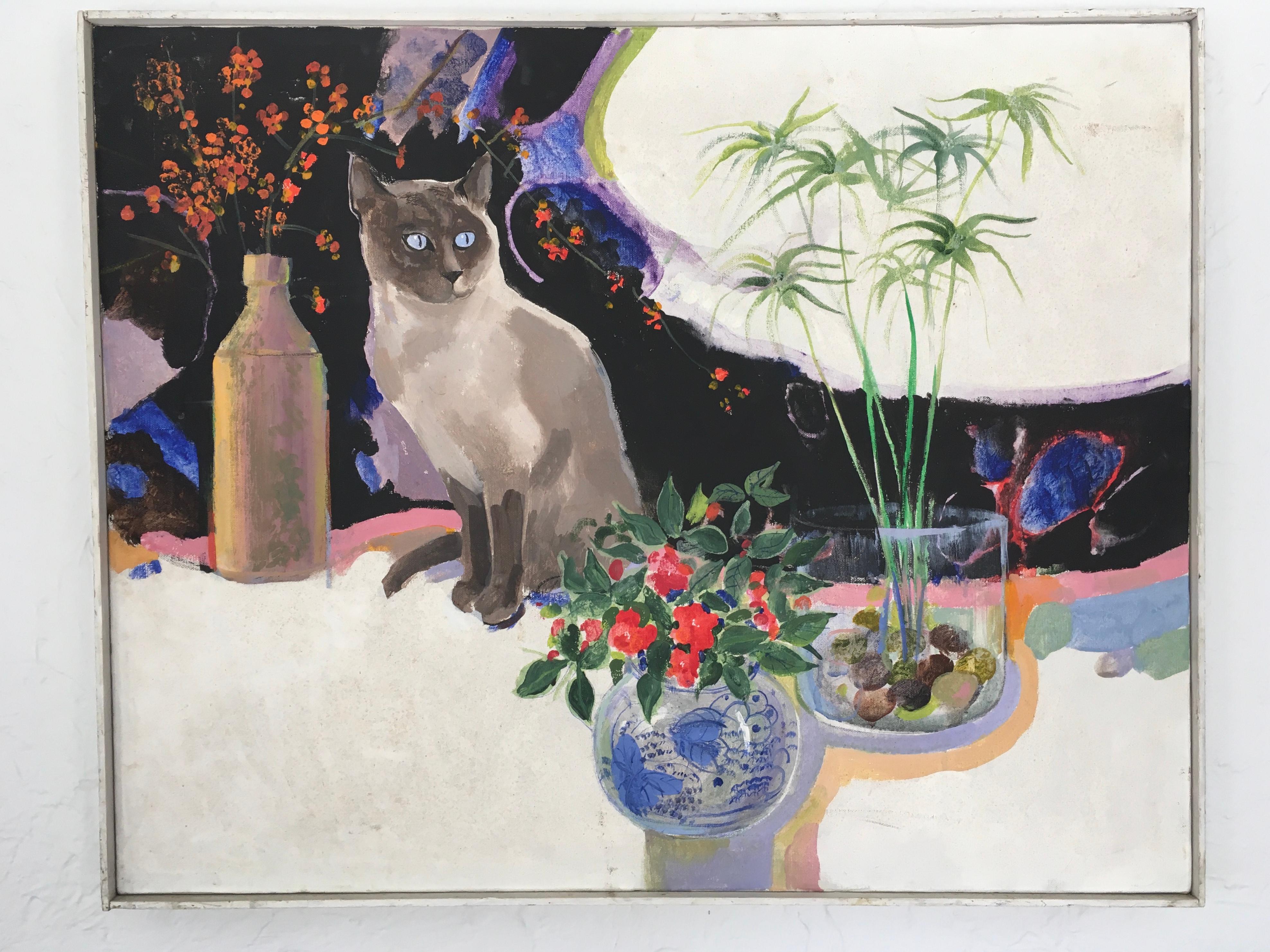 Unknown Still-Life Painting - Modernist Still Life Painting with Cat