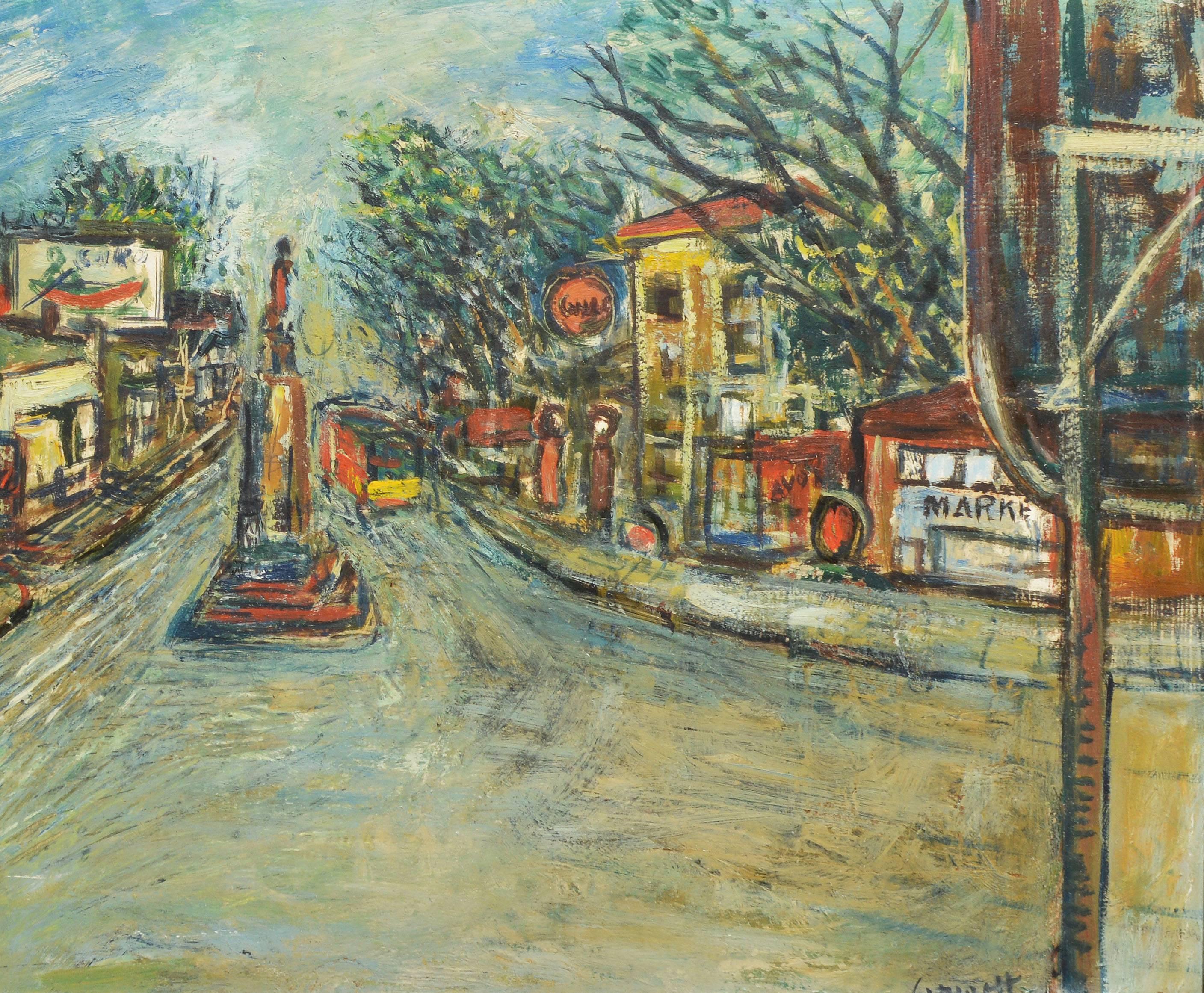 Modernist view of a Boston street.  Oil on board, circa 1950.  Signed illegibly lower right.  Displayed in a silver frame.  Image size, 23.5