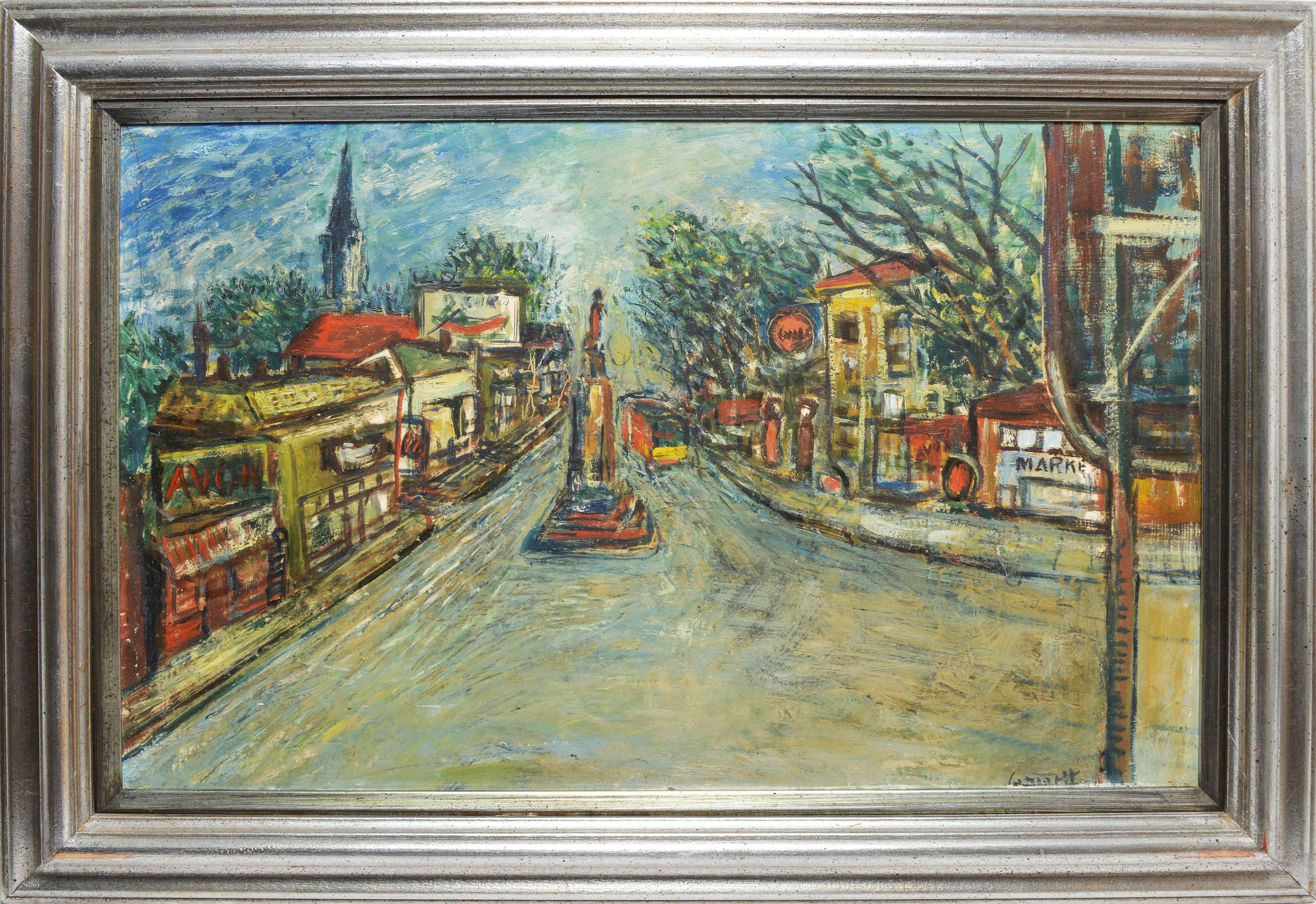 Unknown Landscape Painting - Modernist Street View of Boston
