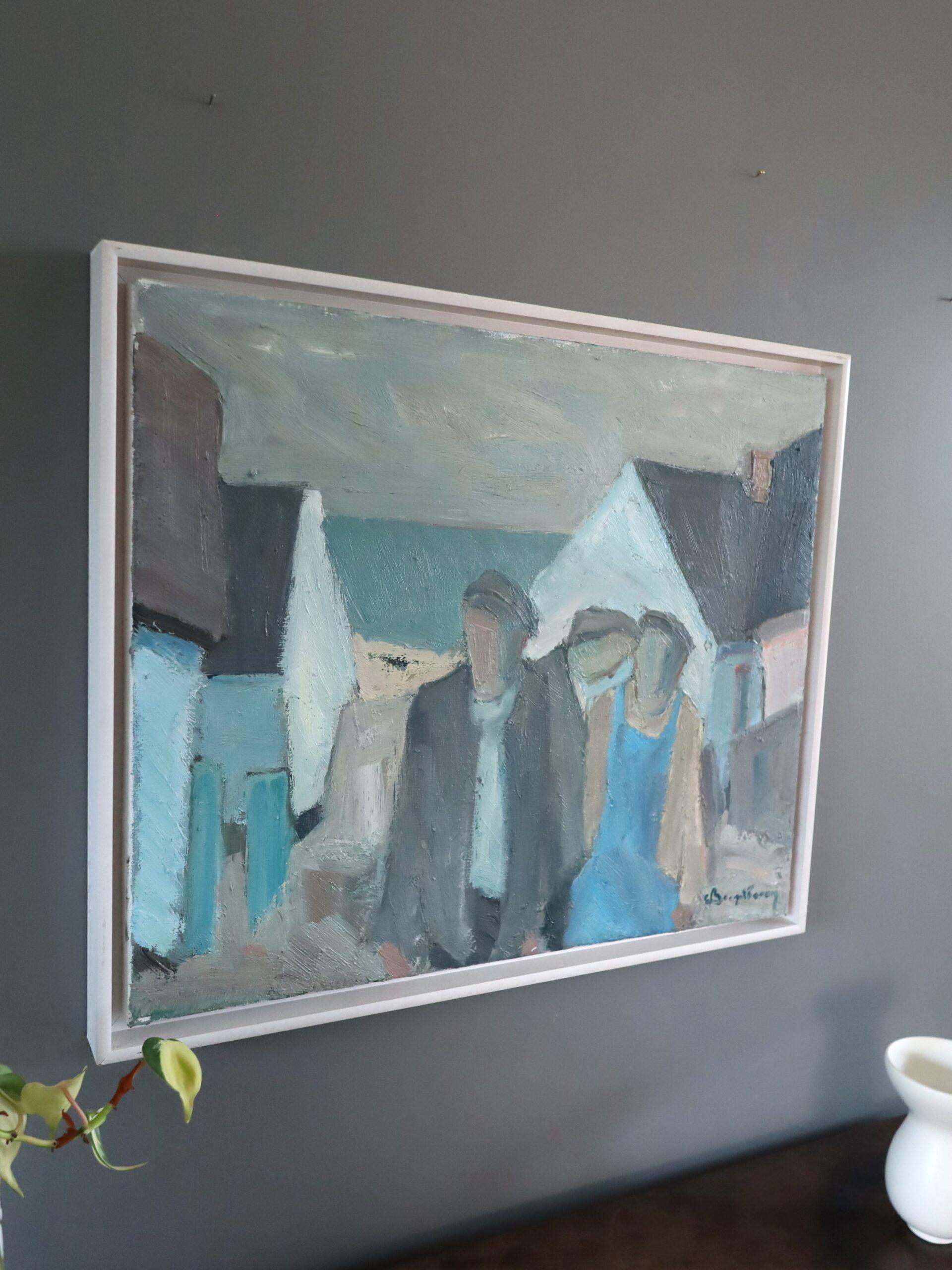 Modernistische schwedische expressive figurative Ölmalerei - Figuren am Ufer (Grau), Landscape Painting, von Unknown