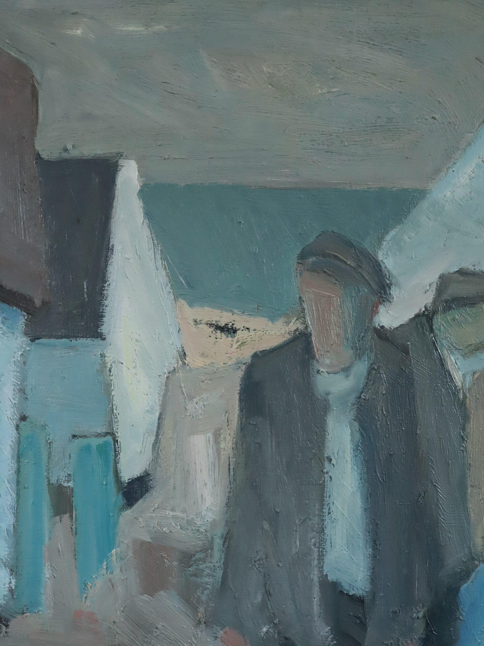 Modernistische schwedische expressive figurative Ölmalerei - Figuren am Ufer im Angebot 3