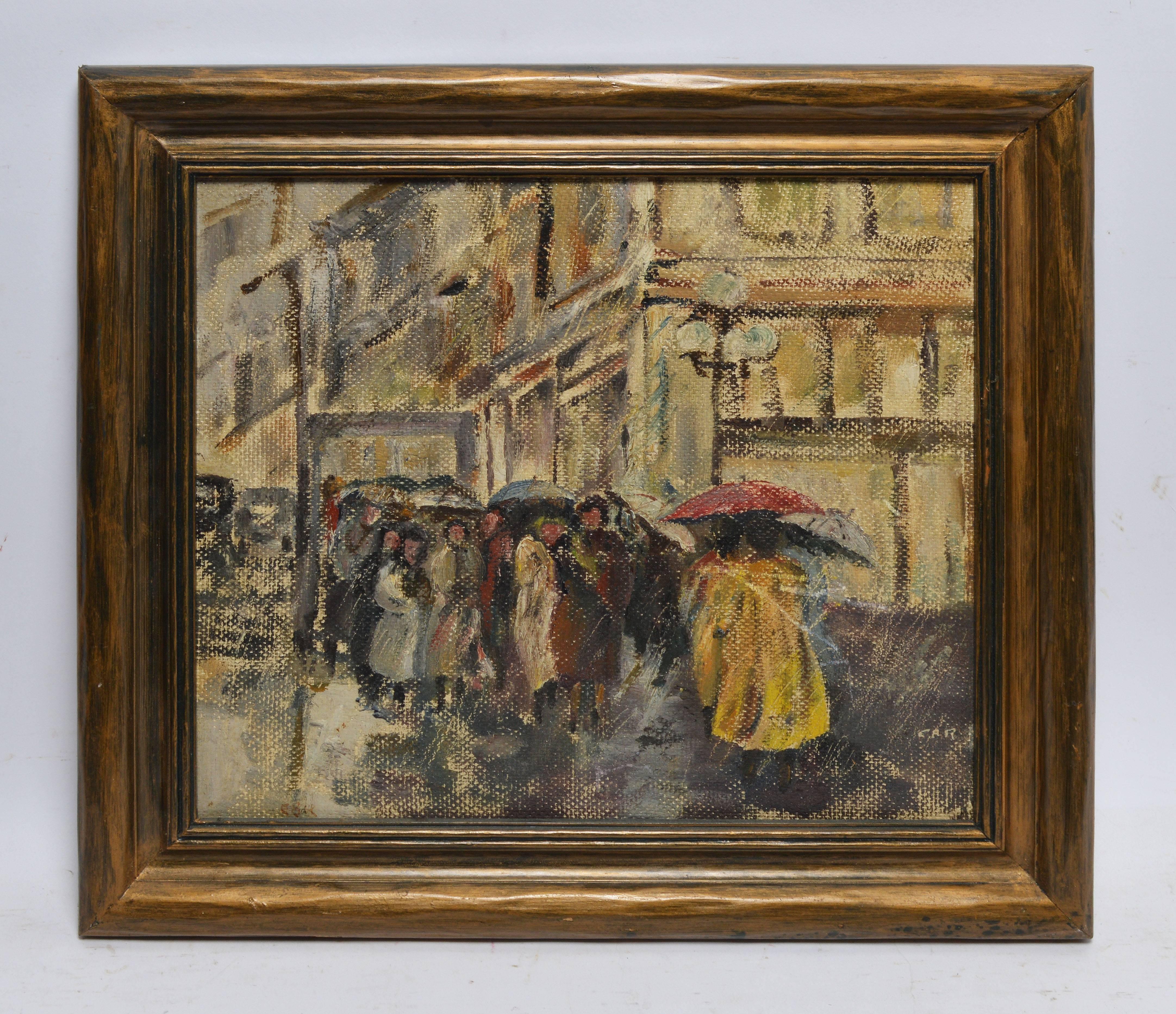 Modernist View of a Rainy Street - Painting by Unknown