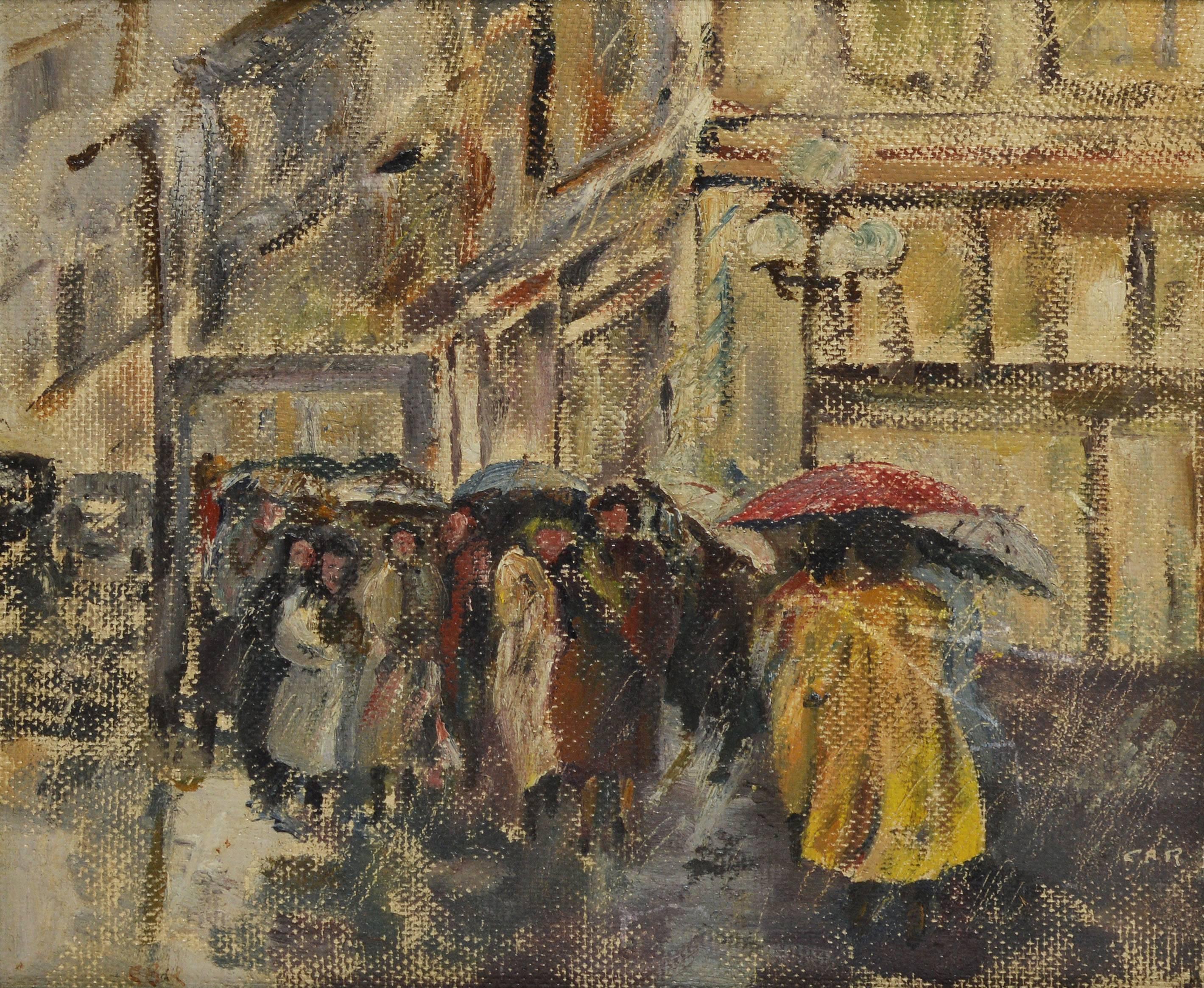 Modernist View of a Rainy Street - Brown Landscape Painting by Unknown