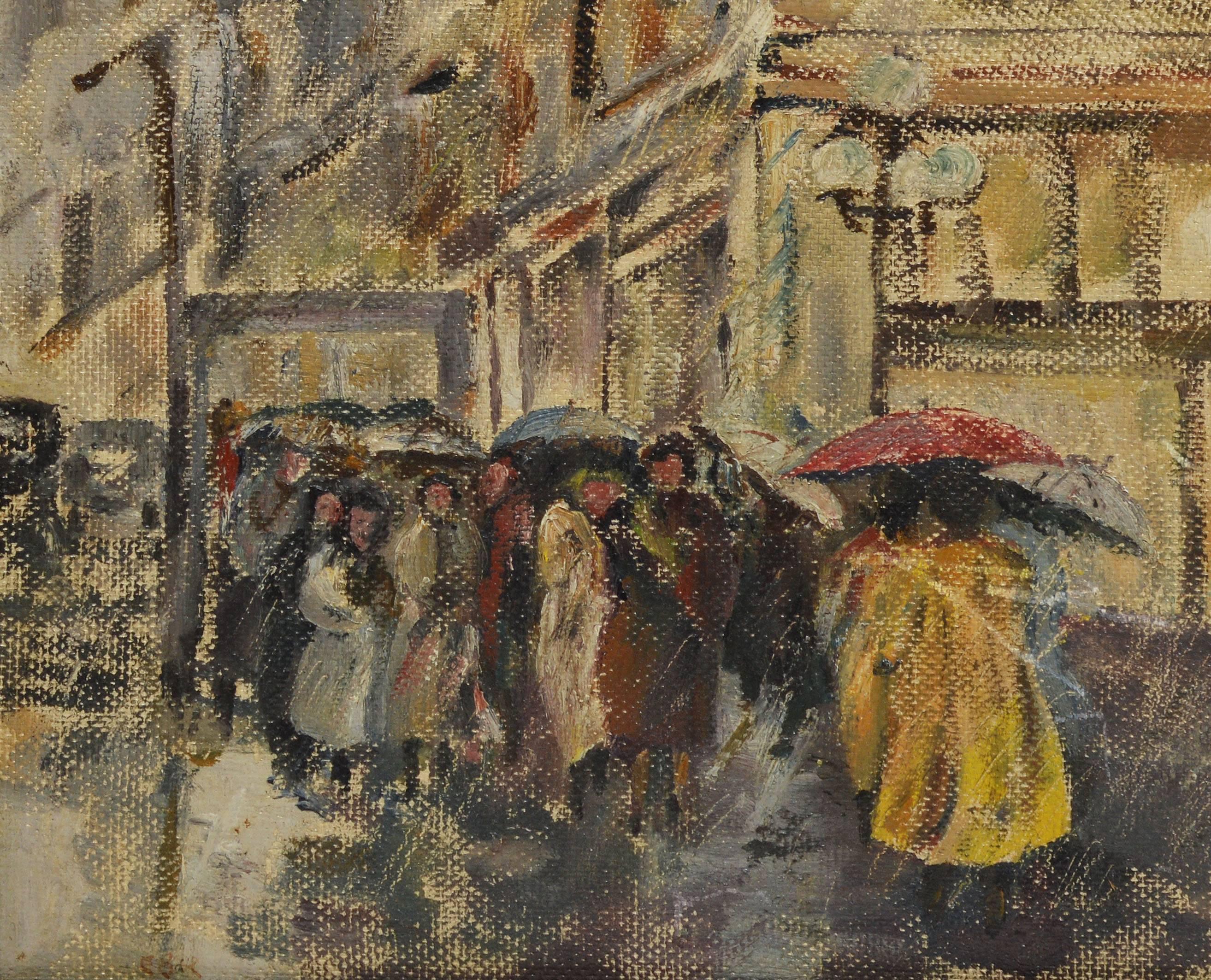 Impressionist view of a rainy street. Oil on board, circa 1940. Signed lower right, 