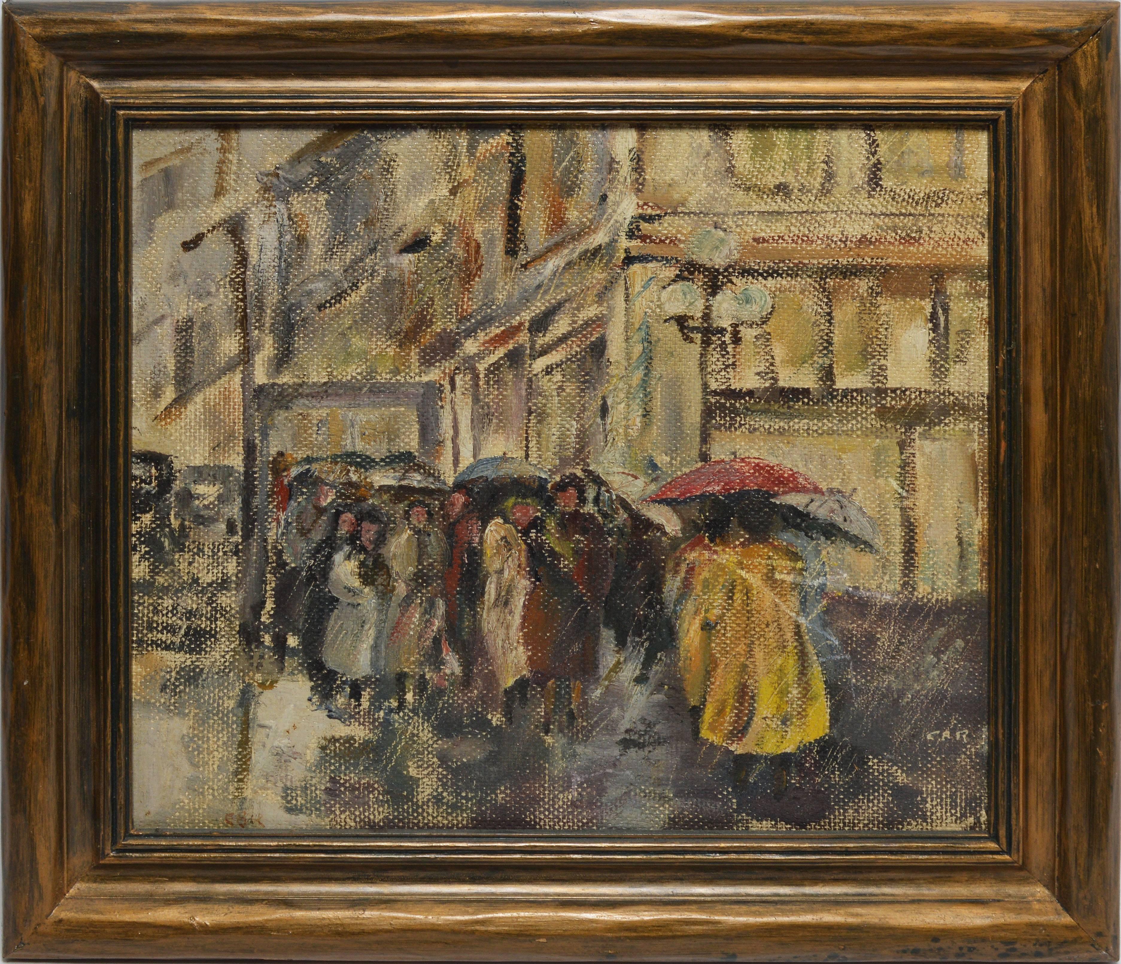 Unknown Landscape Painting - Modernist View of a Rainy Street