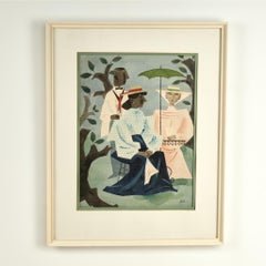 Acquerello modernista con tre figure in un giardino