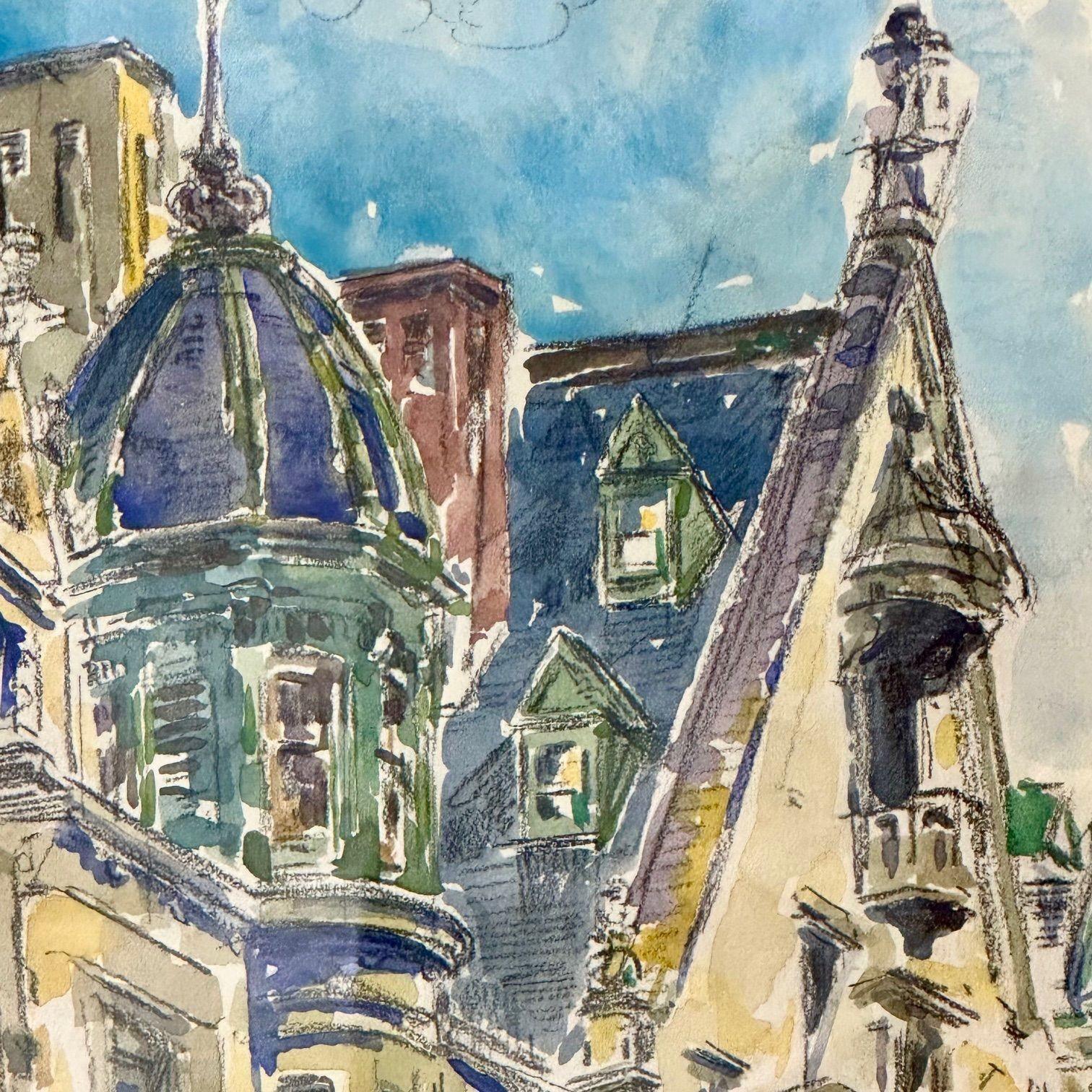 Modernist Watercolor Signed by Adam Van Doren, Architecture, City, Framed For Sale 8