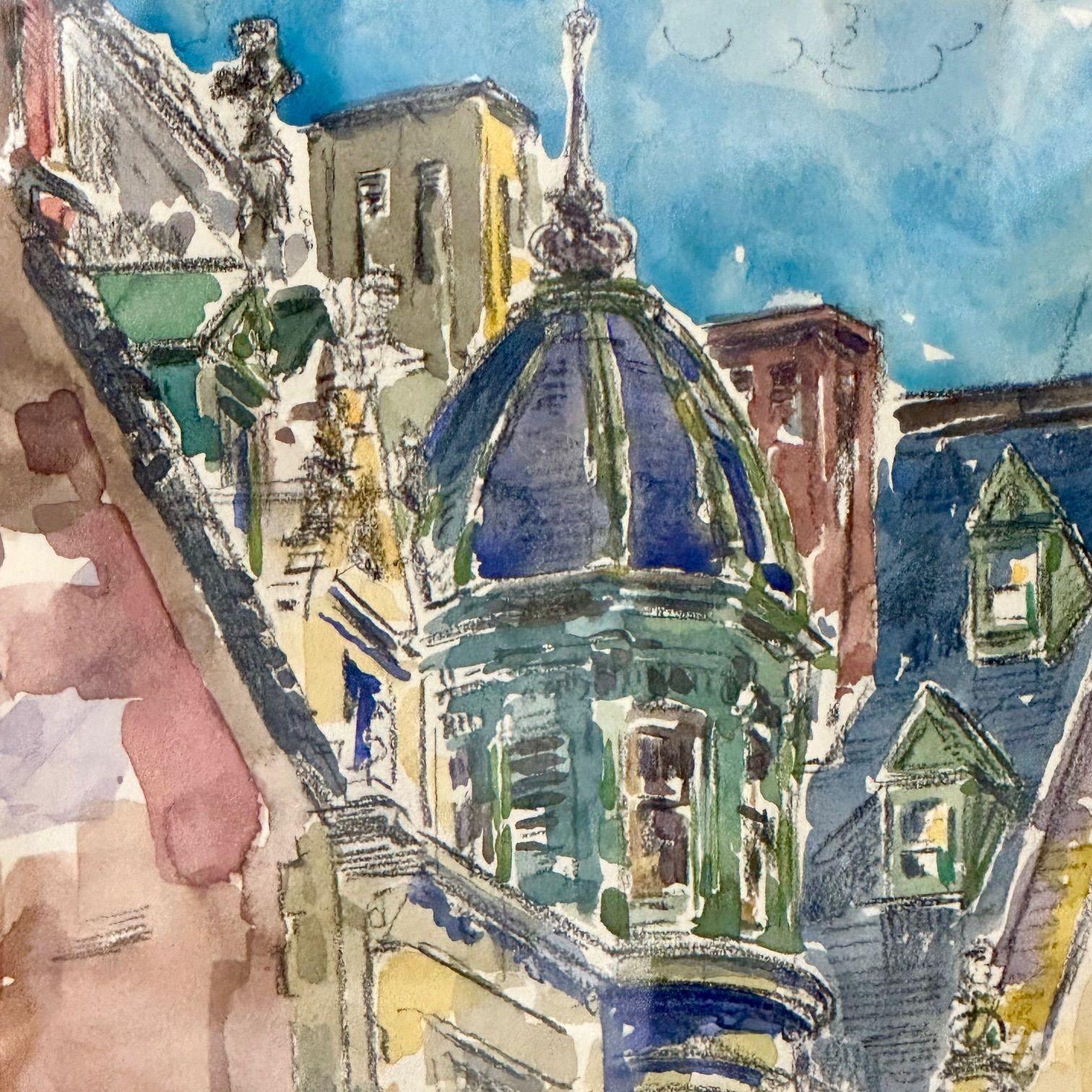 Modernist Watercolor Signed by Adam Van Doren, Architecture, City, Framed For Sale 9