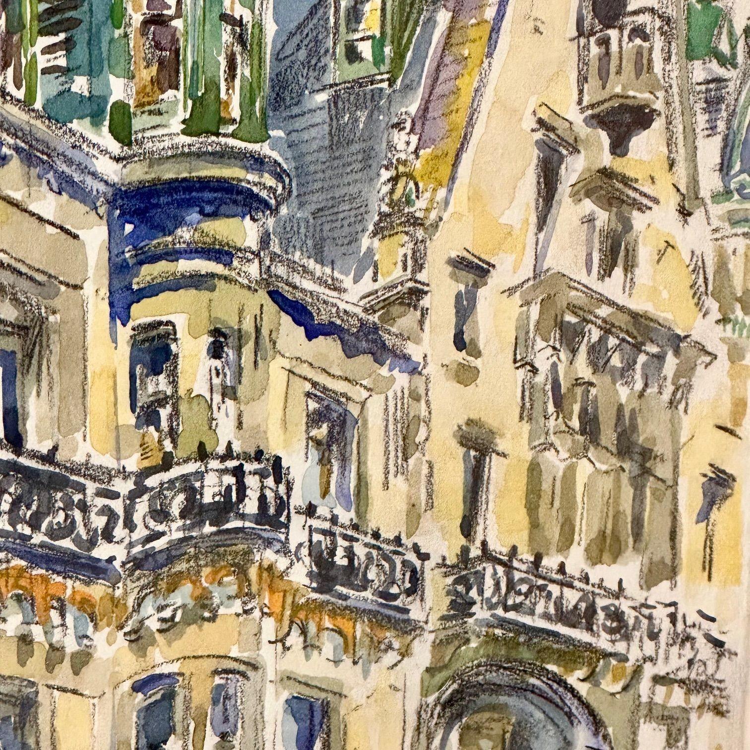 Modernist Watercolor Signed by Adam Van Doren, Architecture, City, Framed For Sale 11