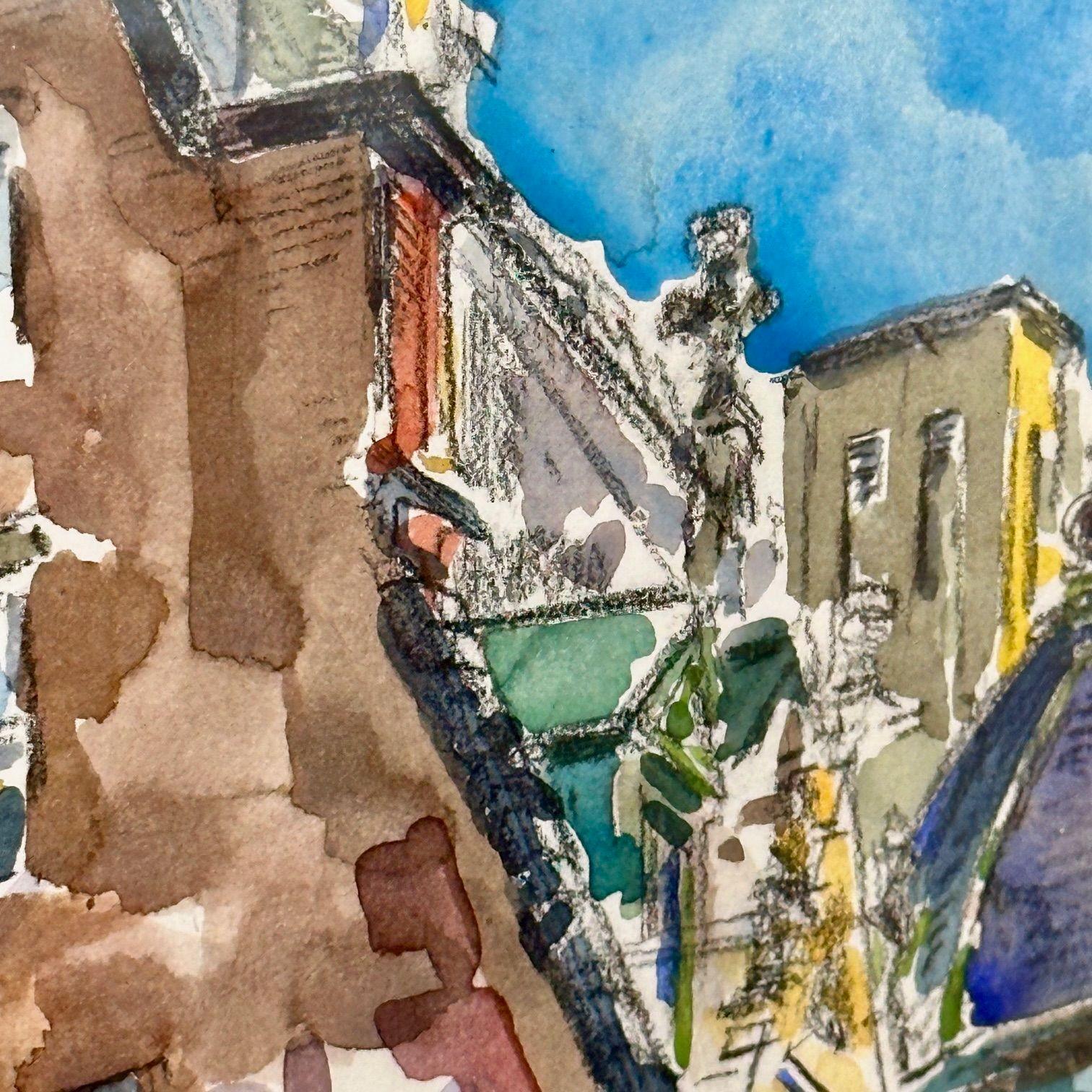 Modernist Watercolor Signed by Adam Van Doren, Architecture, City, Framed For Sale 12