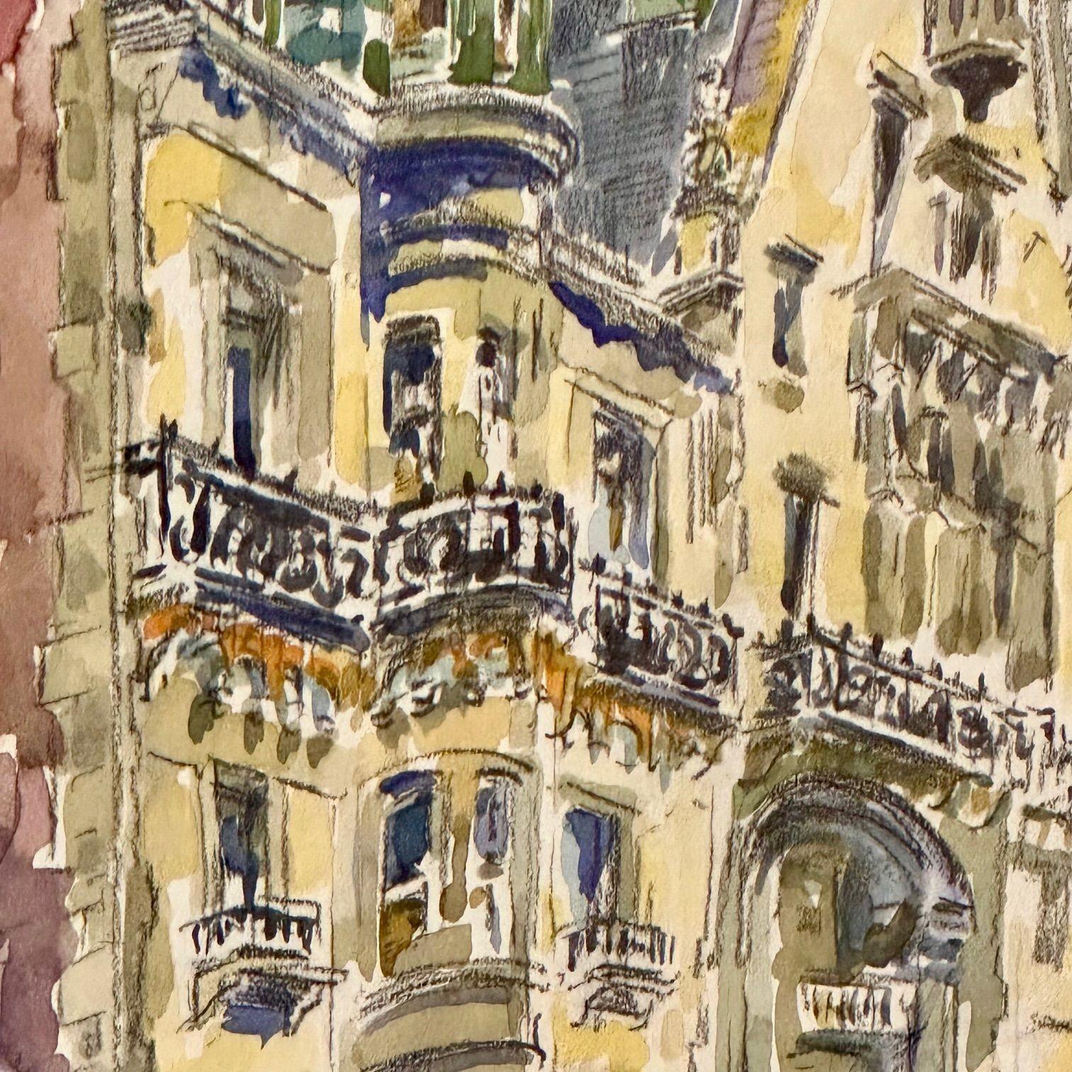 Modernist Watercolor Signed by Adam Van Doren, Architecture, City, Framed For Sale 13