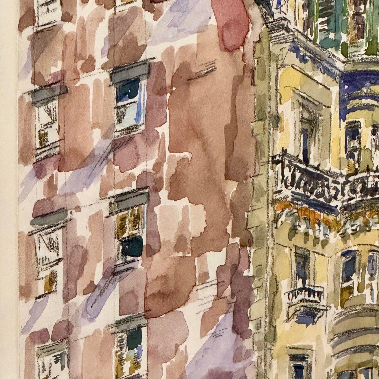 Modernist Watercolor Signed by Adam Van Doren, Architecture, City, Framed For Sale 14