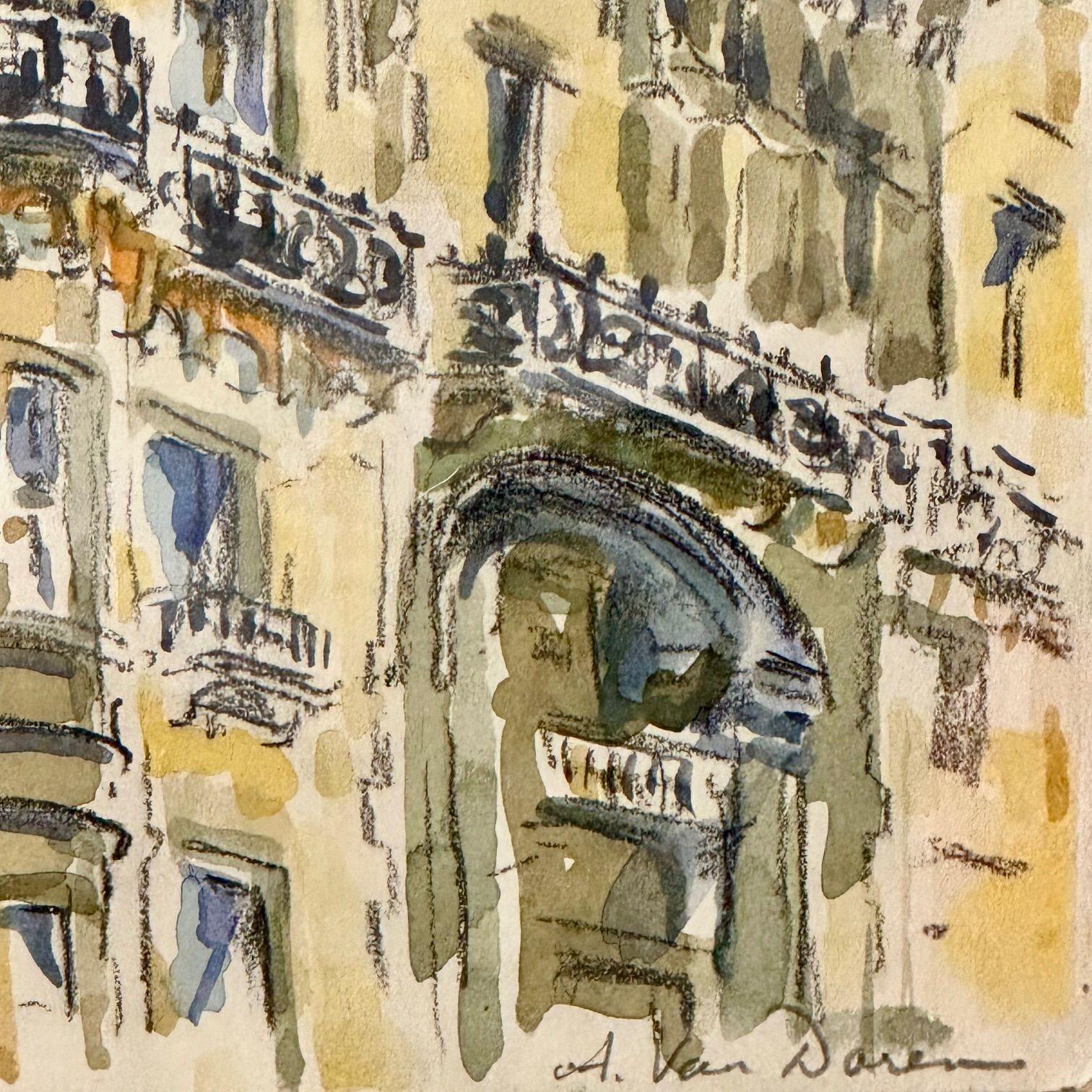 Modernist Watercolor Signed by Adam Van Doren, Architecture, City, Framed For Sale 15