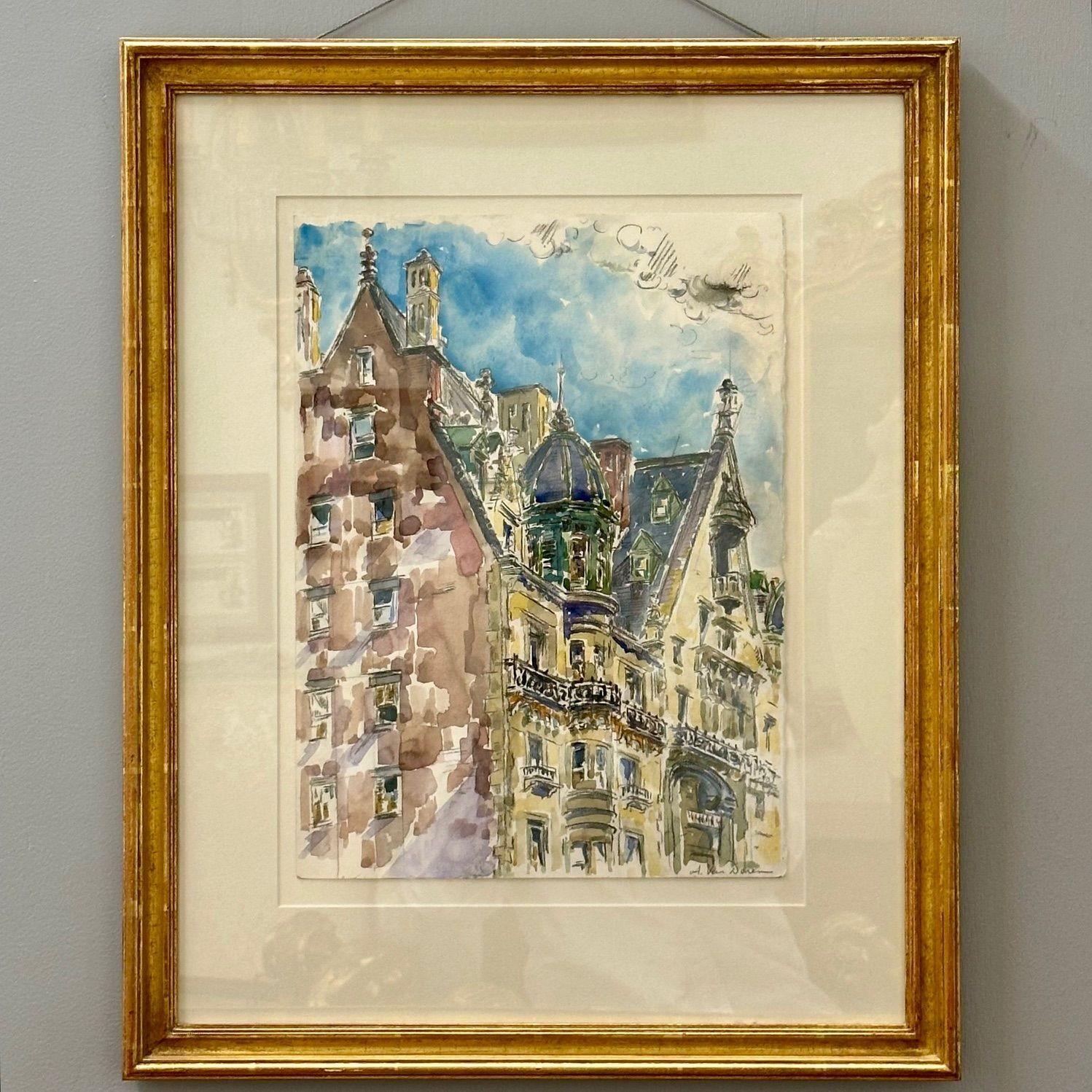 Modernist Watercolor Signed by Adam Van Doren, Architecture, City, Framed For Sale 2