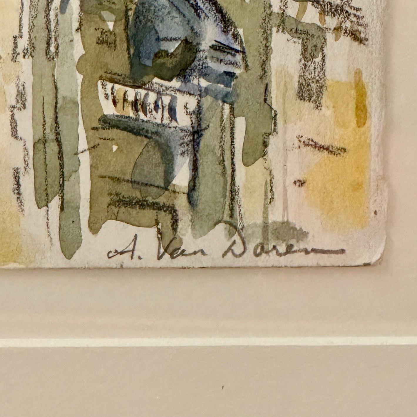 Modernist Watercolor Signed by Adam Van Doren, Architecture, City, Framed For Sale 4