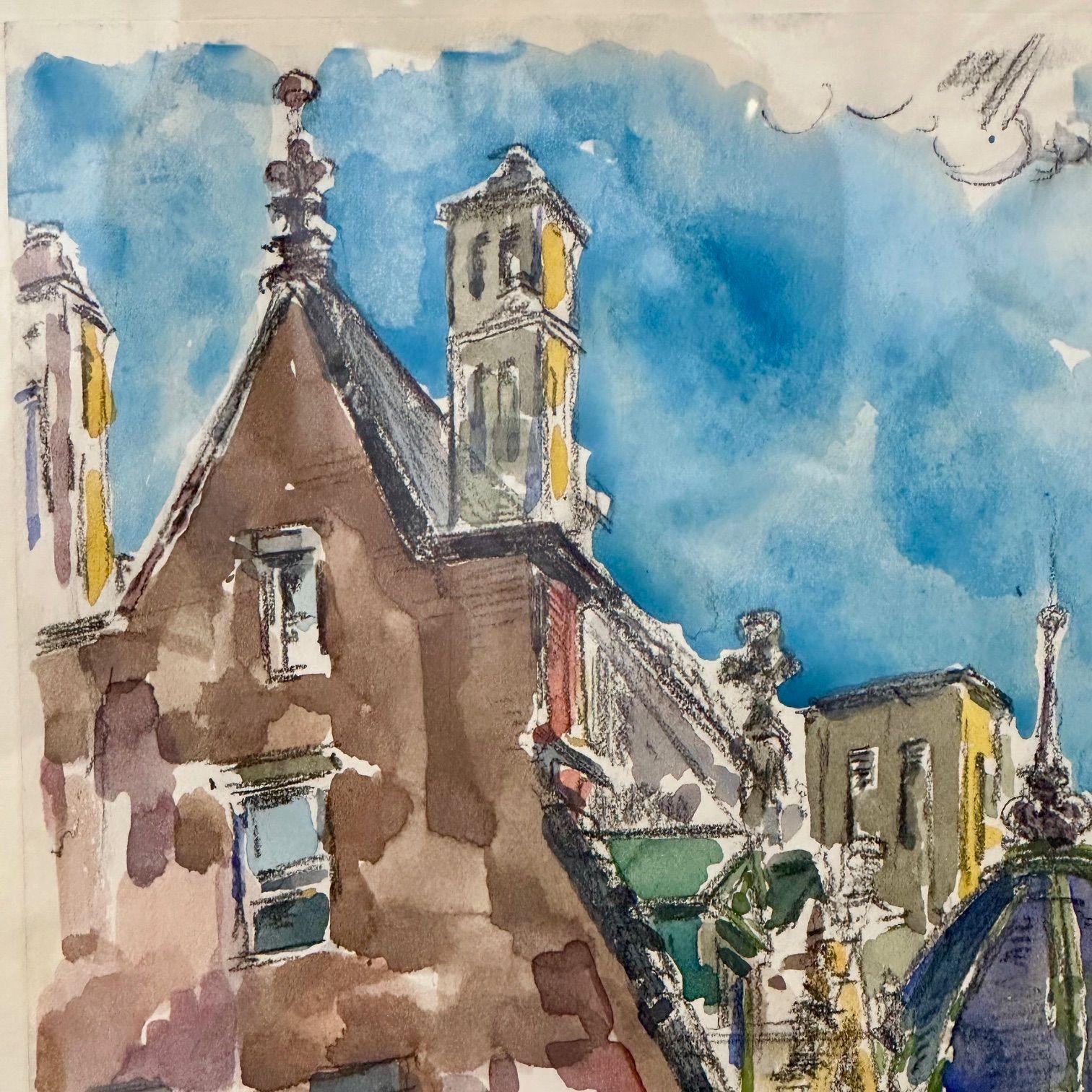 Modernist Watercolor Signed by Adam Van Doren, Architecture, City, Framed For Sale 5