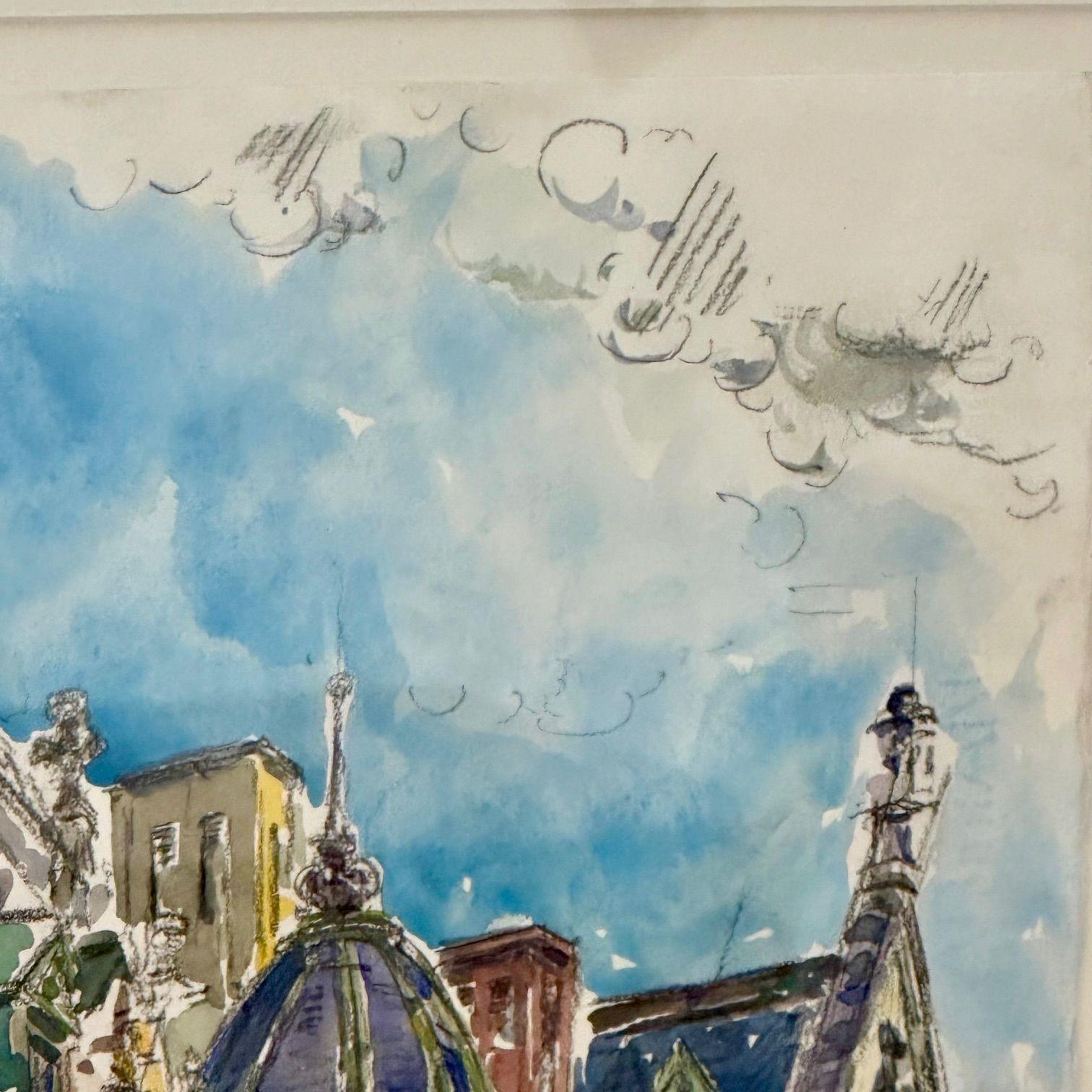 Modernist Watercolor Signed by Adam Van Doren, Architecture, City, Framed For Sale 7