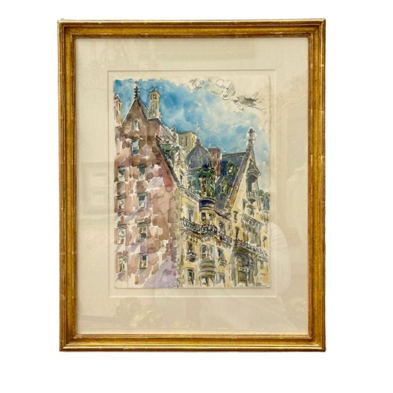 Modernist Watercolor Signed by Adam Van Doren, Architecture, City, Framed - Painting by Unknown