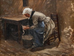 Modeste Carpentier (1866-1926) - Framed 1898 Oil, Peeling Potatoes