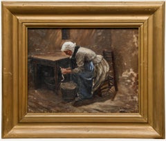 Modeste Carpentier (1866-1926) - Framed 1898 Oil, Peeling Potatoes