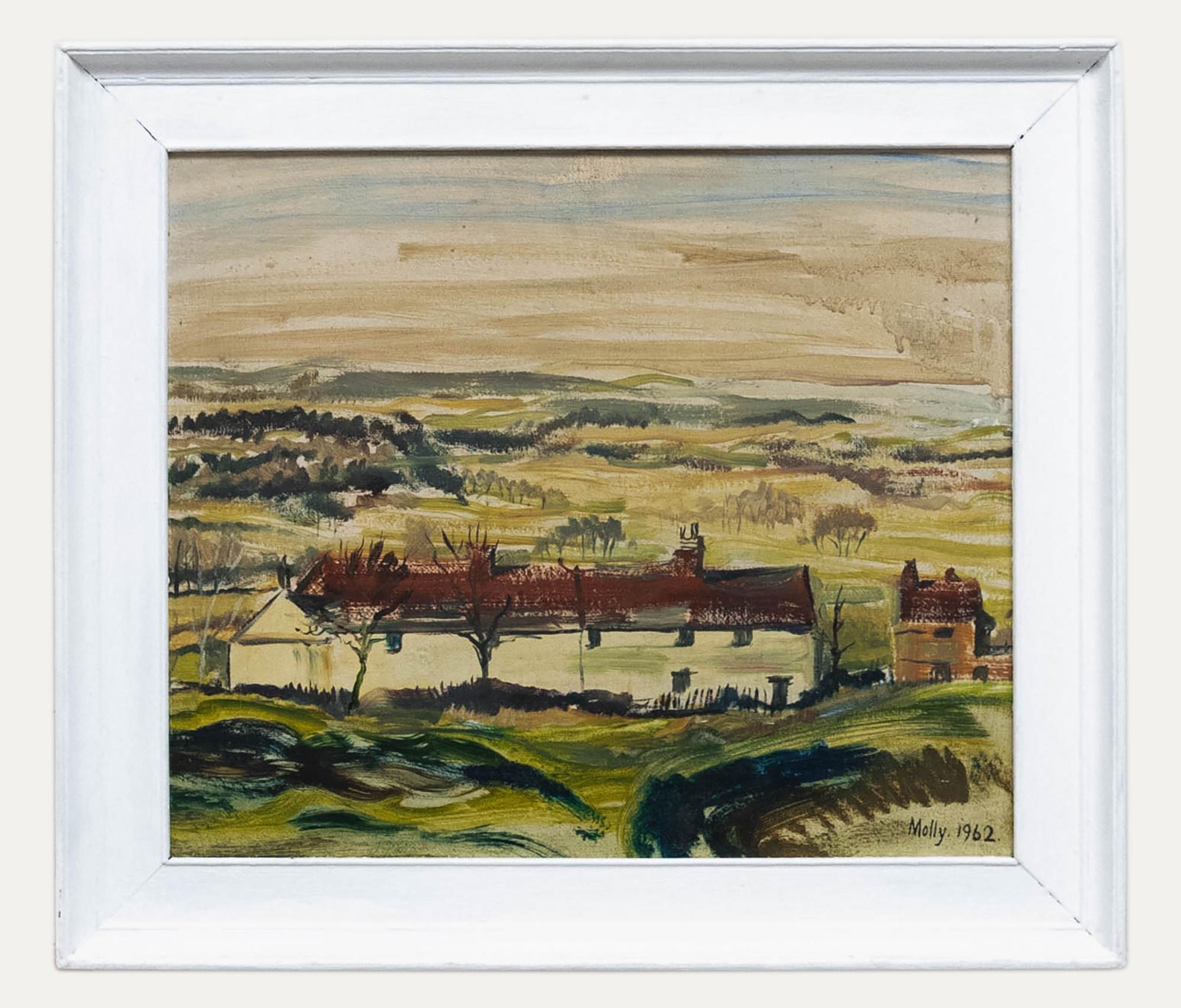Unknown Landscape Painting - Molly Rendell - 1962 Oil, The Stone Cottage