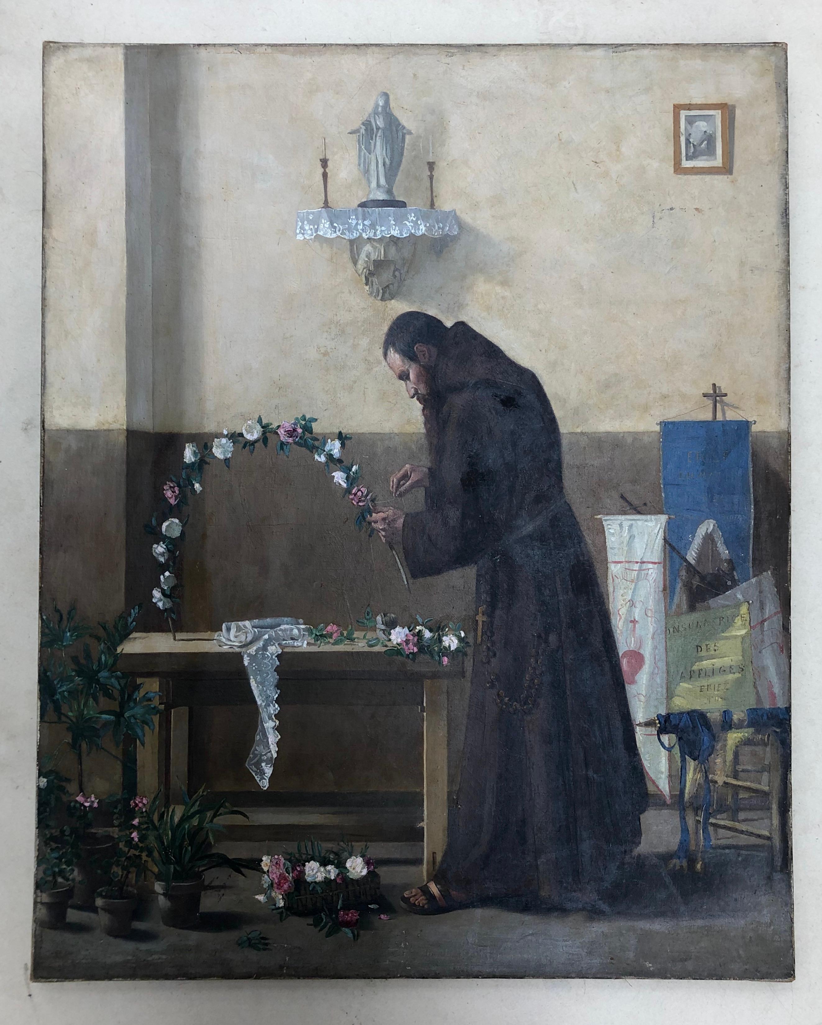 Monaco che prepara la festa del Rosario, olio su tela del XIX secolo - Painting di Unknown