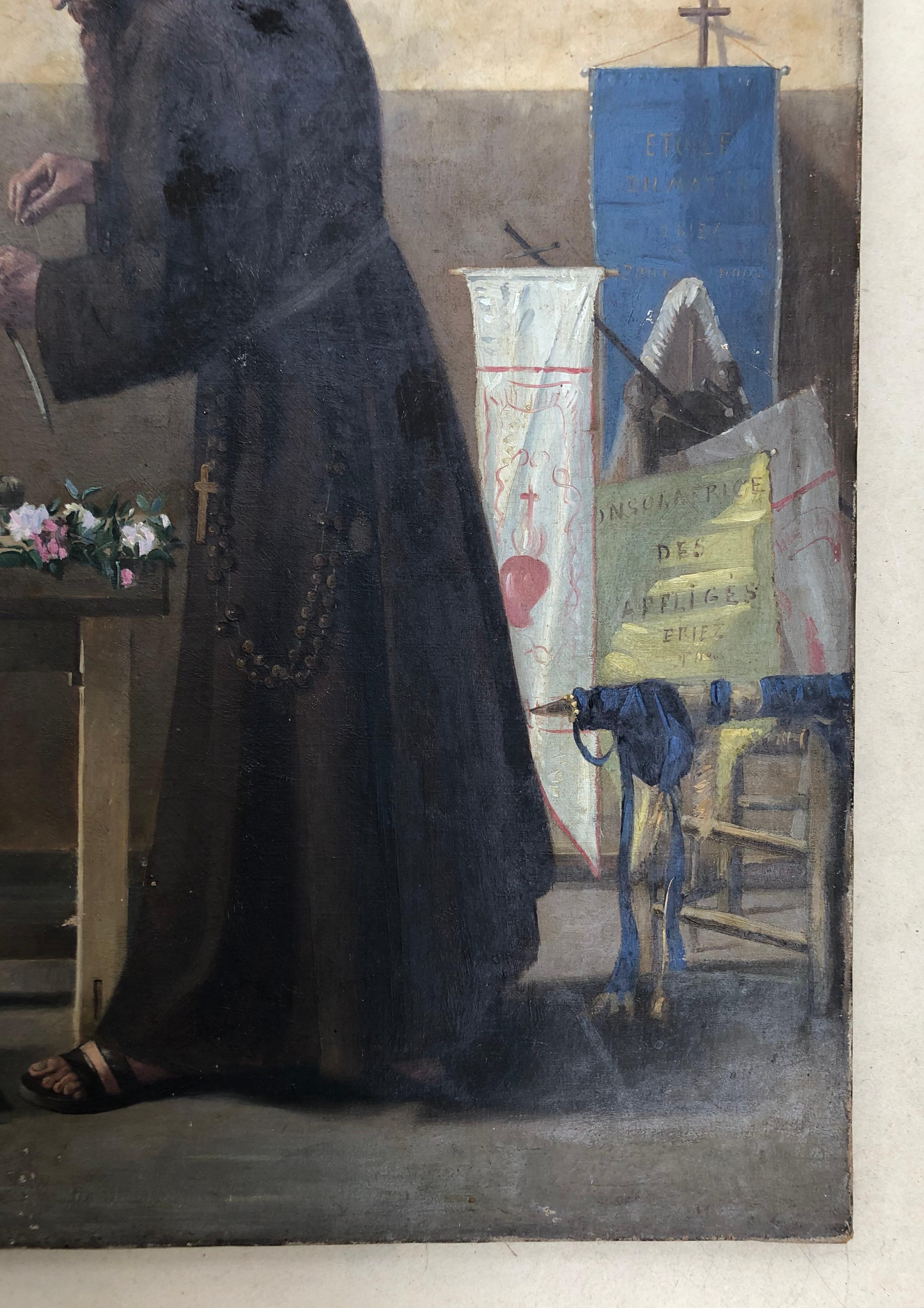 Monk preparing the festival of the rosary.
Oil on canvas 19th century.
Very small paint losses at the bottom.
A very small restoration downstairs.
Good general condition.
81 x 65 cm