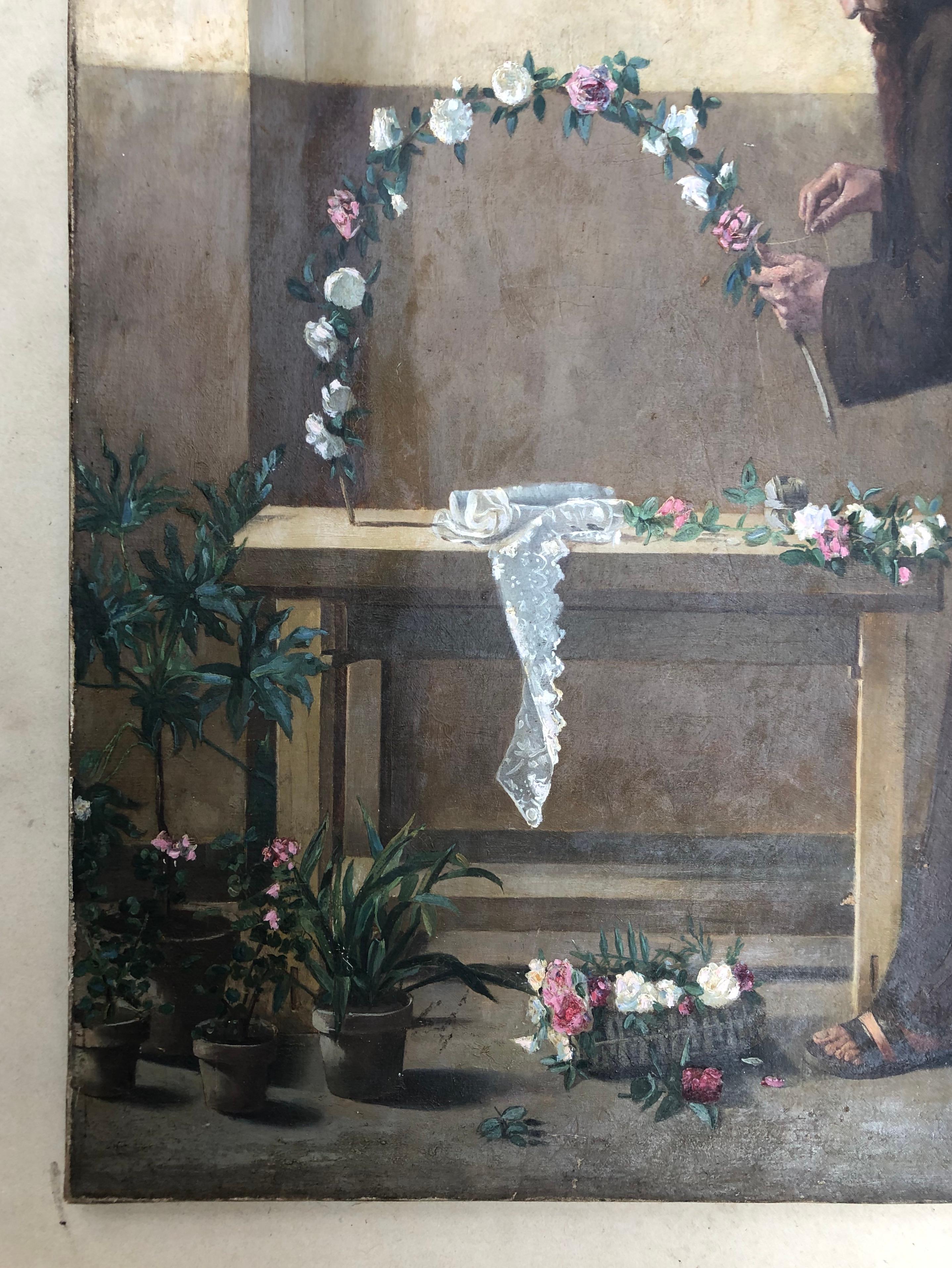 Monaco che prepara la festa del Rosario, olio su tela del XIX secolo 3