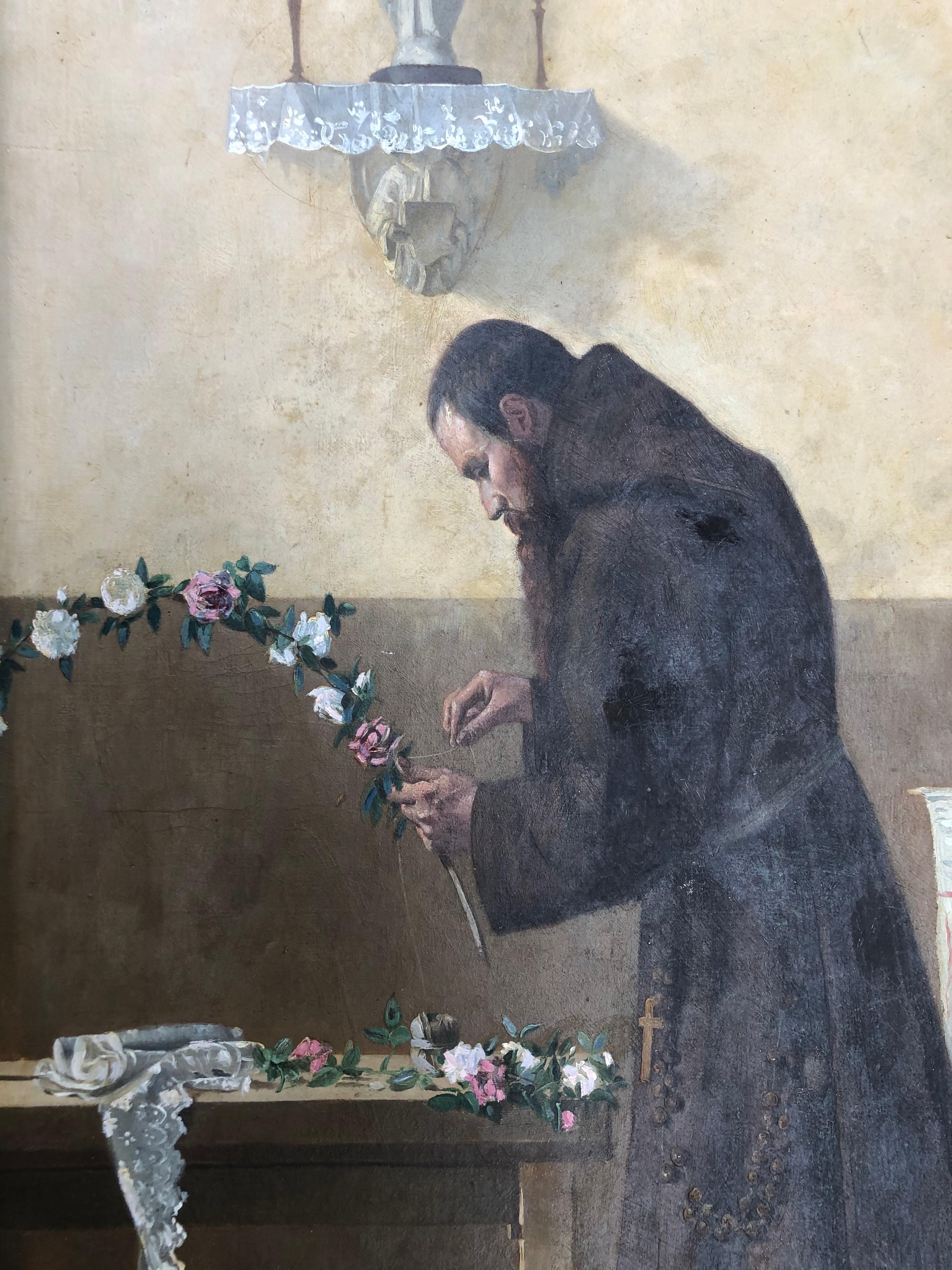 Monaco che prepara la festa del Rosario, olio su tela del XIX secolo 4