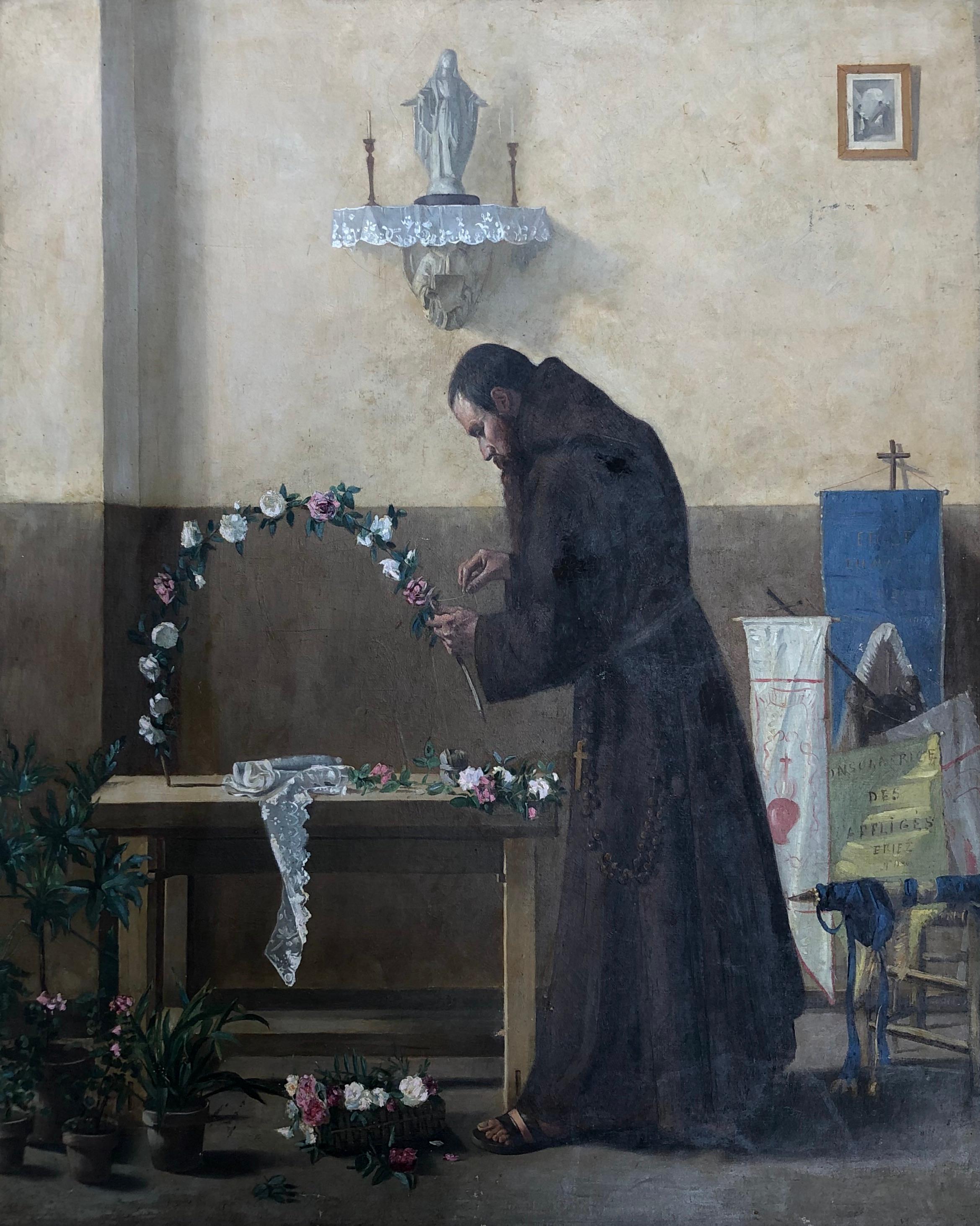 Unknown Figurative Painting - Monk Preparing The Feast Of The Rosary, Oil On Canvas 19th Century