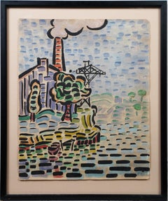 Monogrammed 1925 Pointillist Landscape Modernist Framed Original Painting