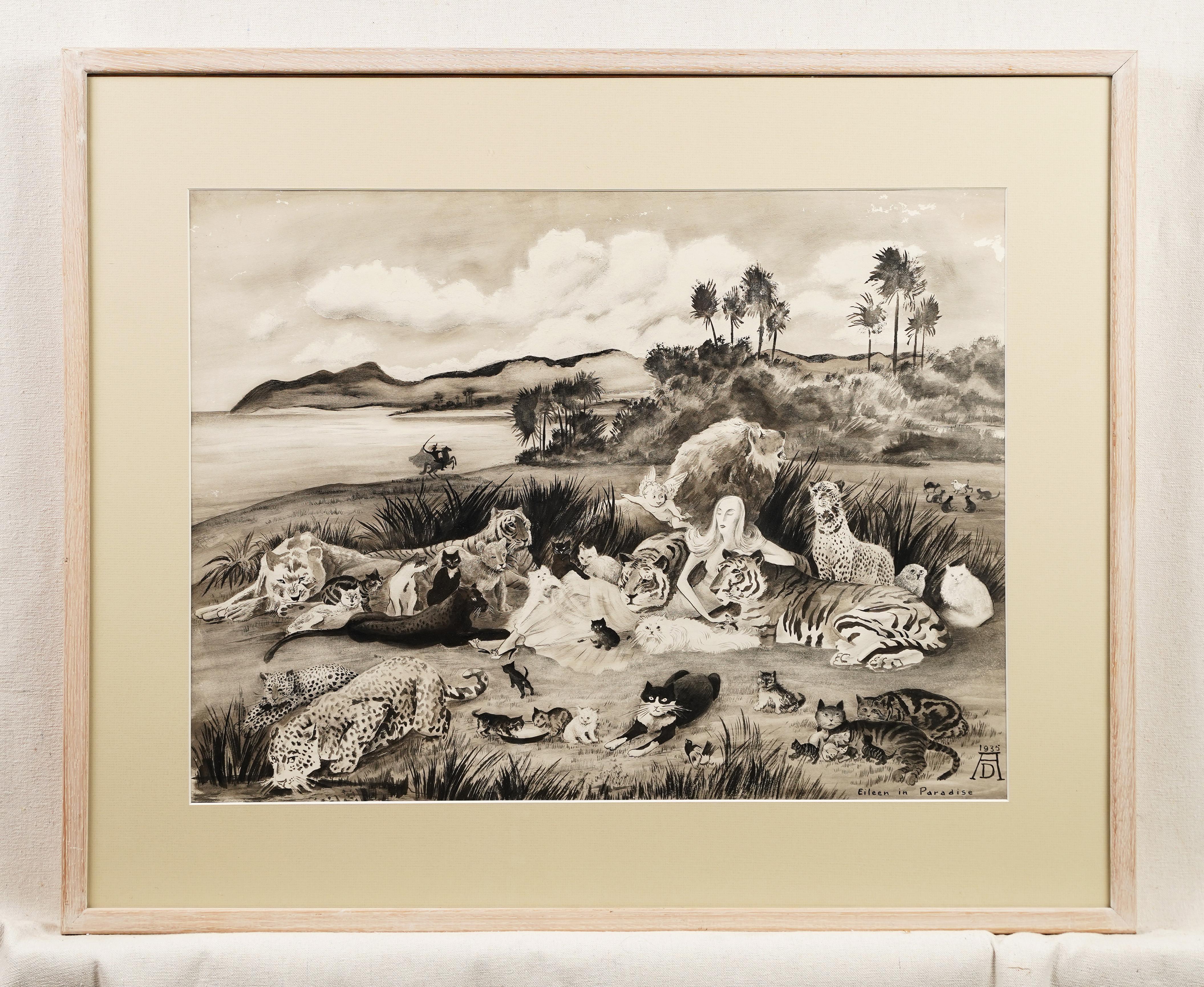 Seltenes tropisches, exotisches, surreales Tier-Landschaftsgemälde mit Monogramm, 1935 – Painting von Unknown