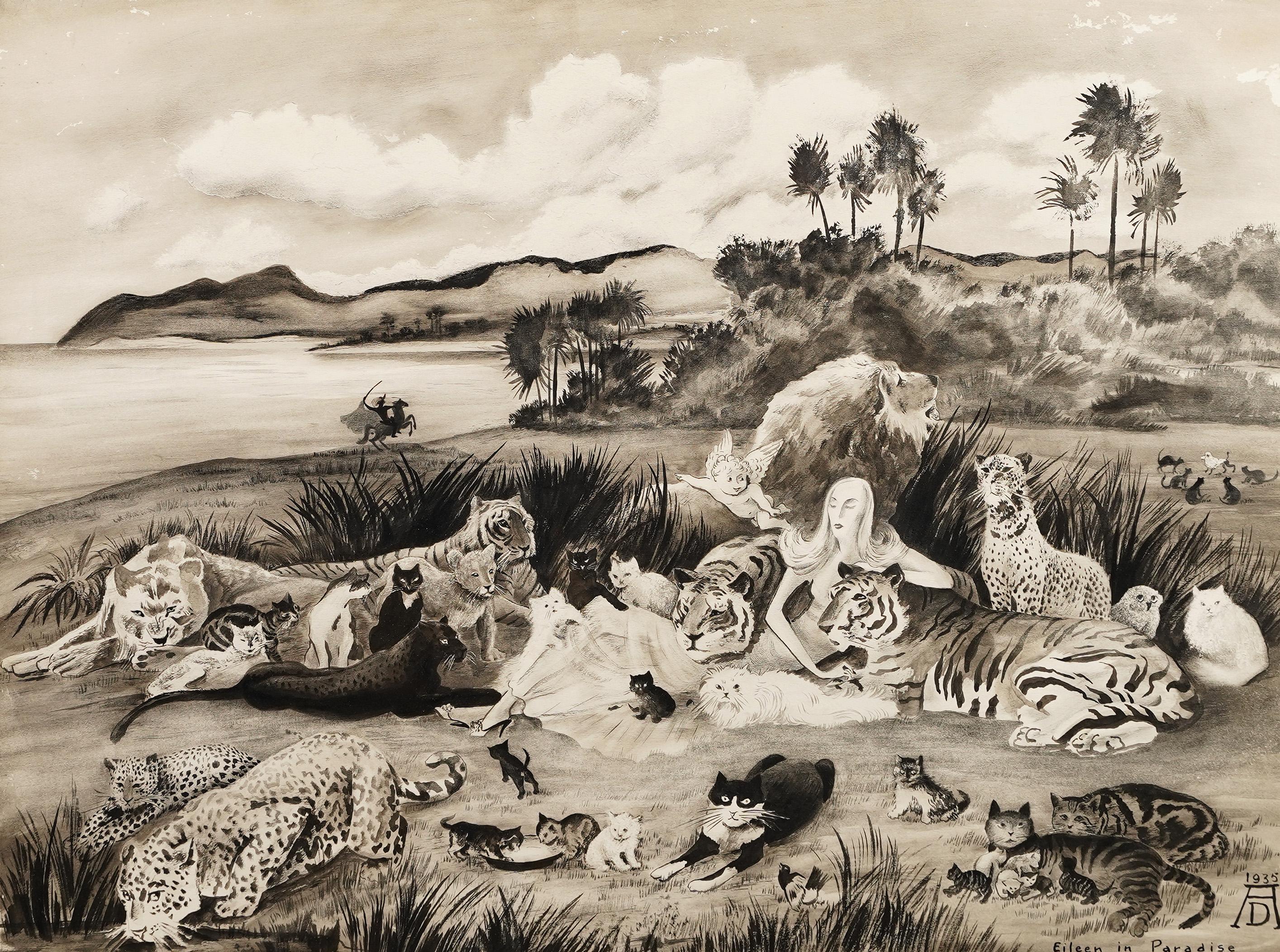 Monogrammed 1935 Rare Tropical Paradise Exotic Animal Surreal Landscape Painting For Sale 3