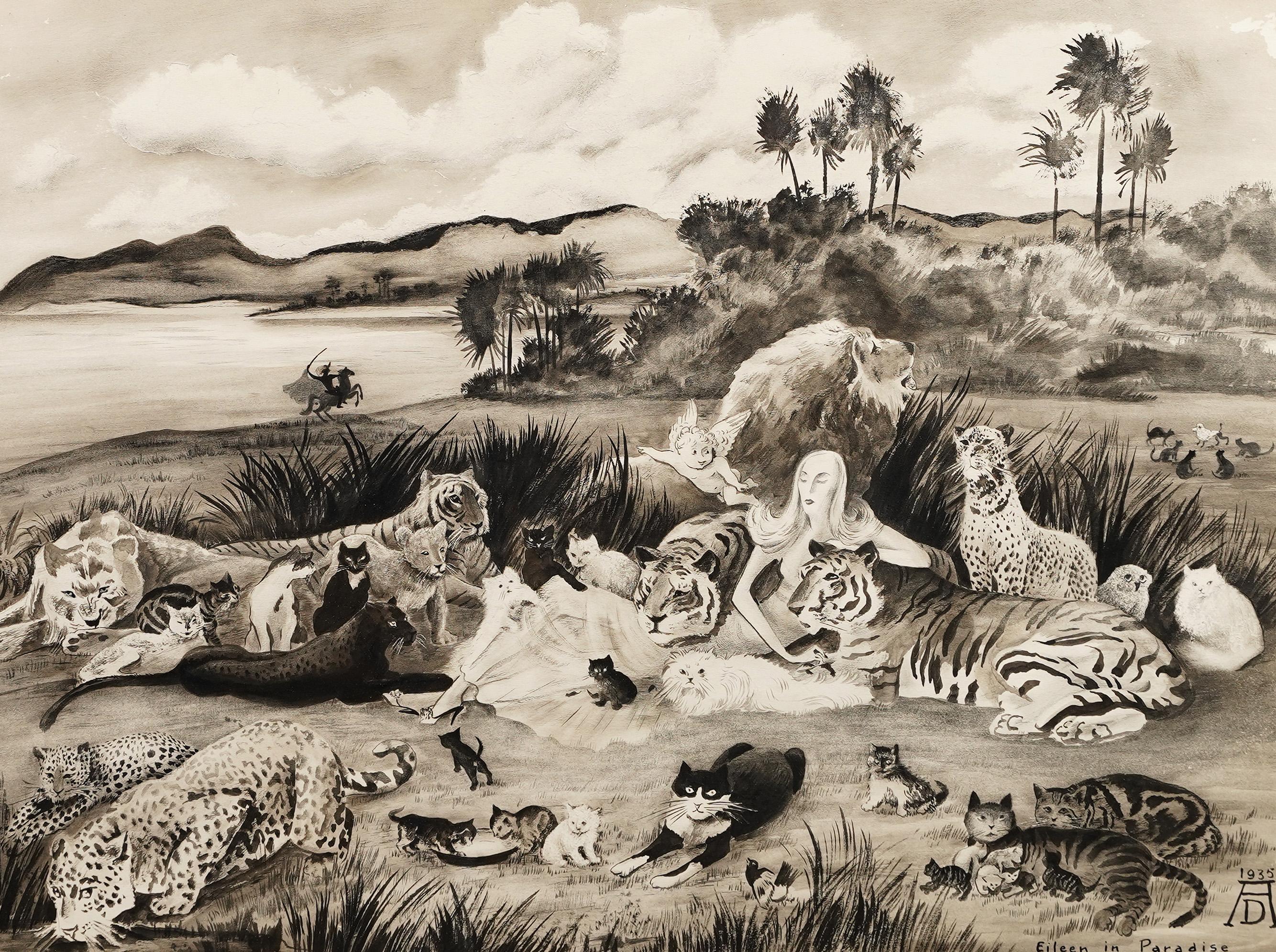 Monogrammed 1935 Rare Tropical Paradise Exotic Animal Surreal Landscape Painting For Sale 4