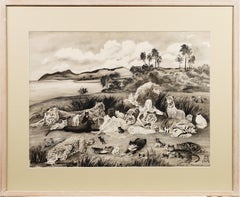 Rare peinture de paysage surréaliste d'un paradis tropical avec animaux exotiques, monogrammée 1935