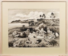 Monogrammato 1935 Raro Paradiso Tropicale Animale Esotico Paesaggio Surreale Dipinto