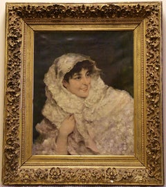 Monogrammiert. Das Unternehmen ist unterzeichnet. ""Die geäderte Dame"" 19. Impressionistisches Porträt aus der Jahrhundertmitte