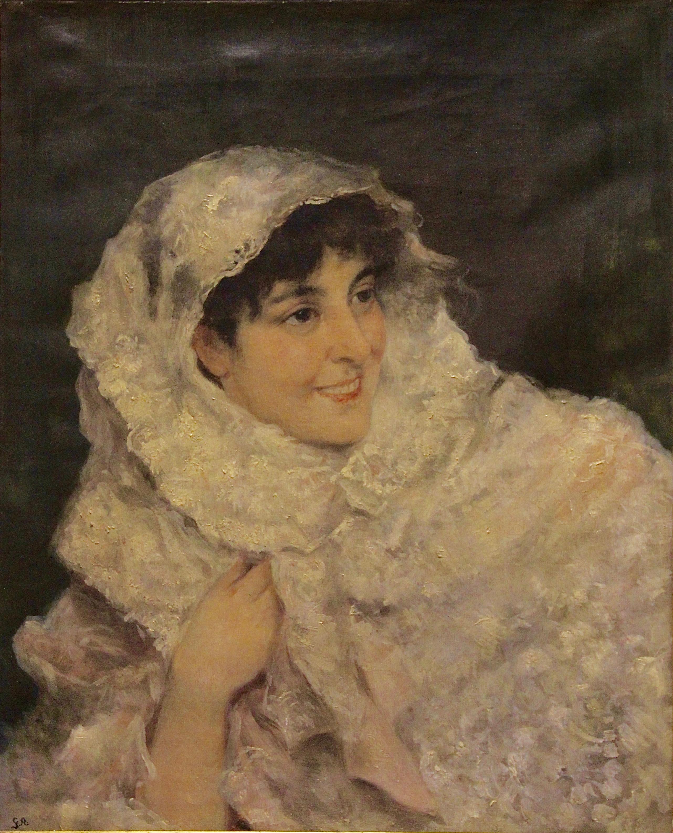 Figurative Painting Unknown - Monogrammé. G.A. « The veiled lady » (La femme veillée) 19. Portrait impressionniste du XXe siècle