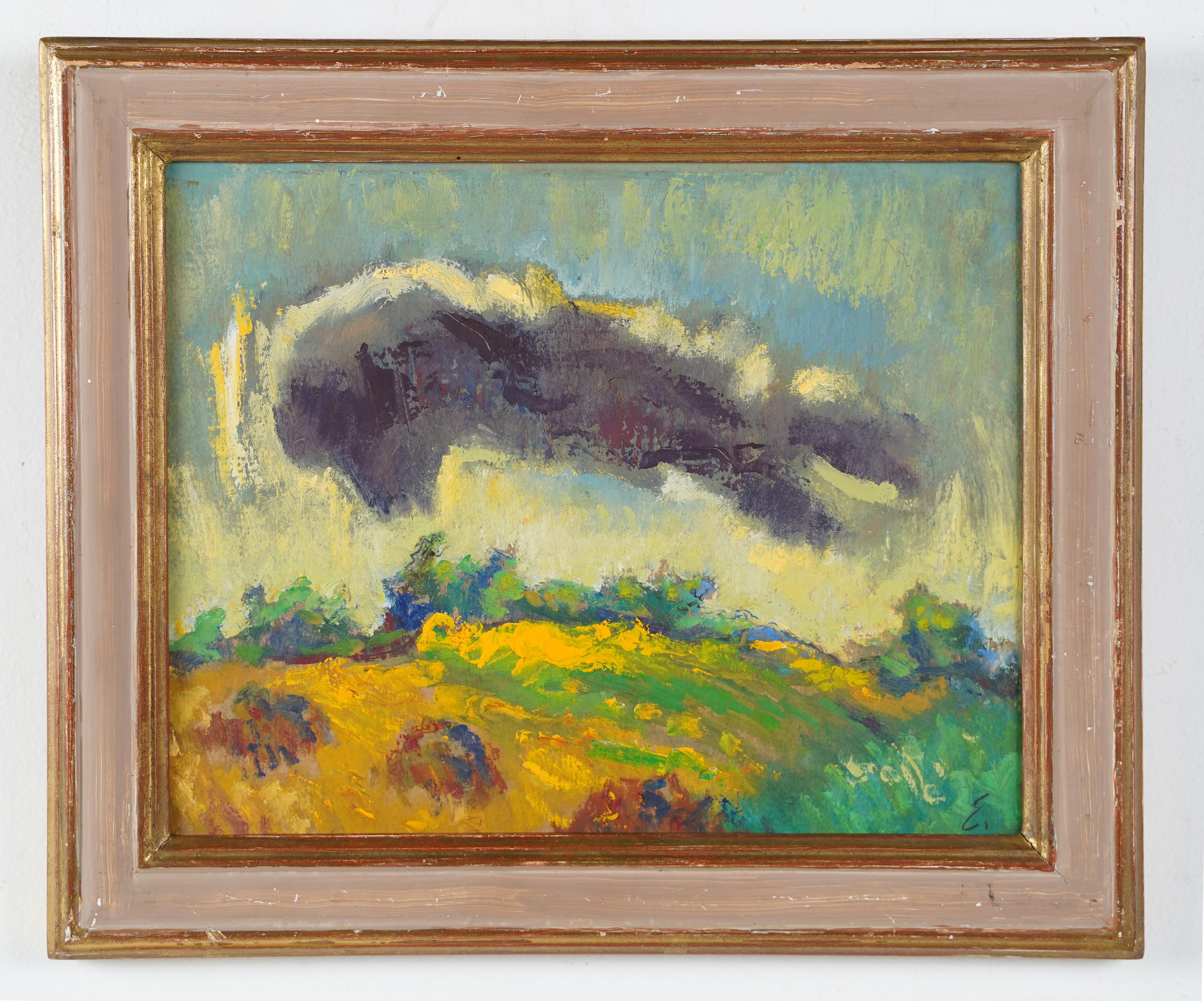 Peinture de paysage abstrait encadrée avec monogramme, signée de l'école américaine - Painting de Unknown
