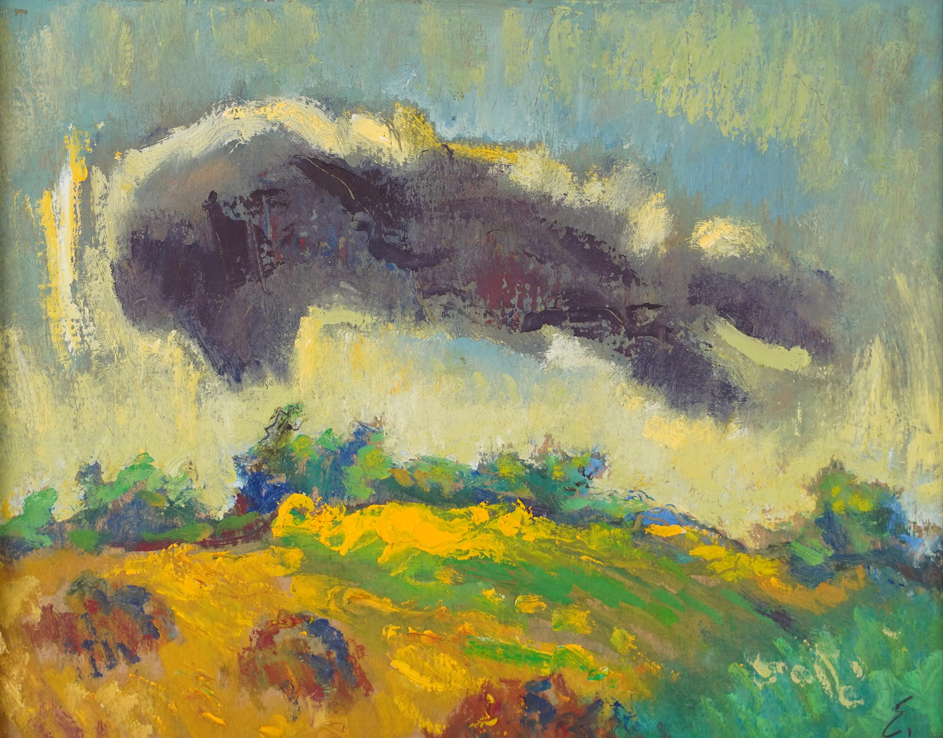 Peinture de paysage abstrait encadrée avec monogramme, signée de l'école américaine - Moderne Painting par Unknown