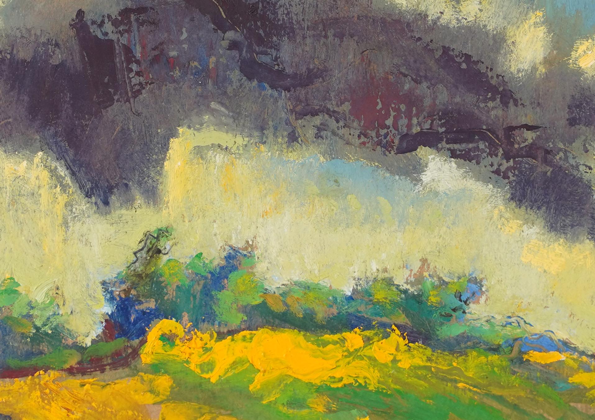 Peinture de paysage abstrait encadrée avec monogramme, signée de l'école américaine - Marron Abstract Painting par Unknown
