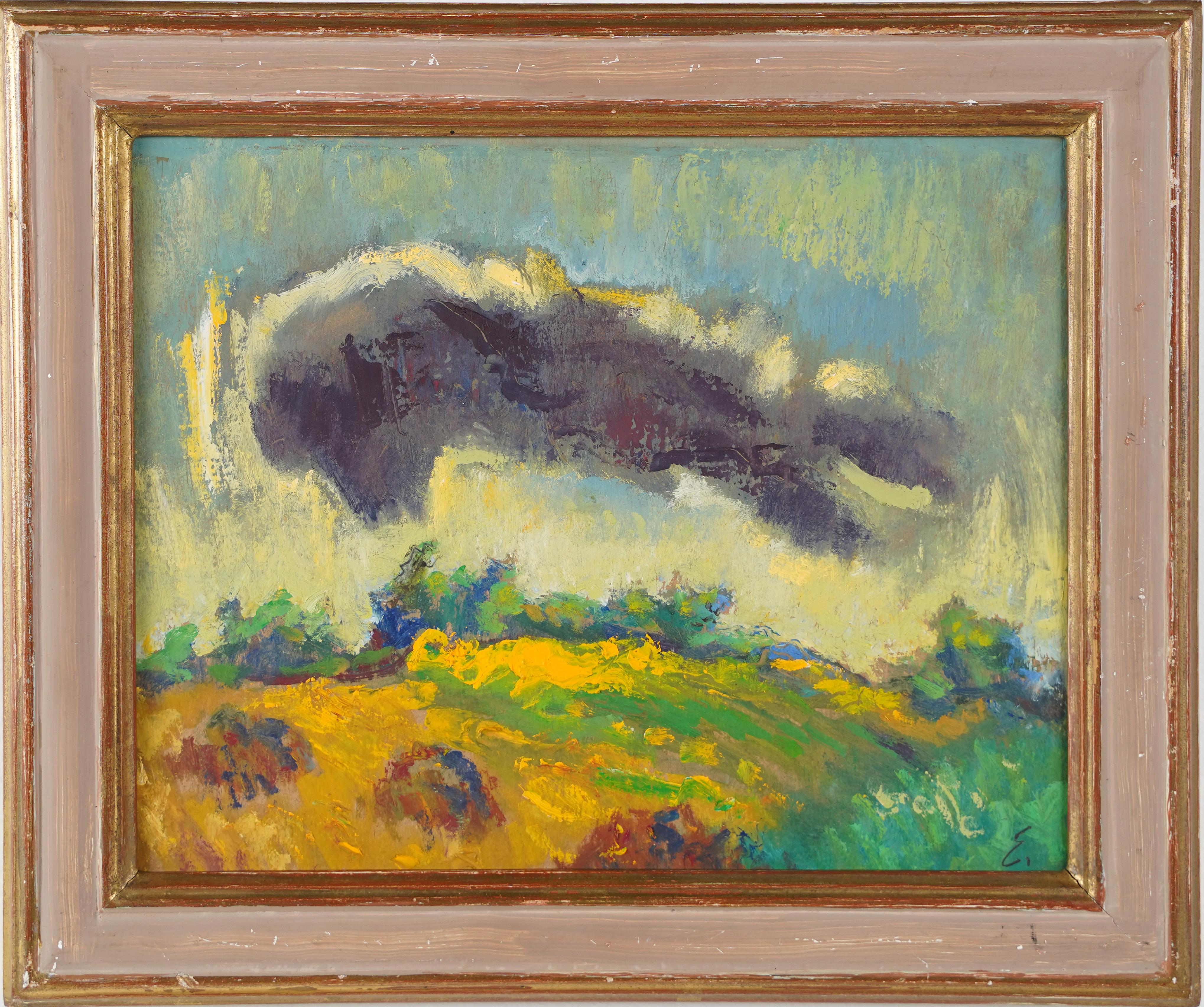Abstract Painting Unknown - Peinture de paysage abstrait encadrée avec monogramme, signée de l'école américaine