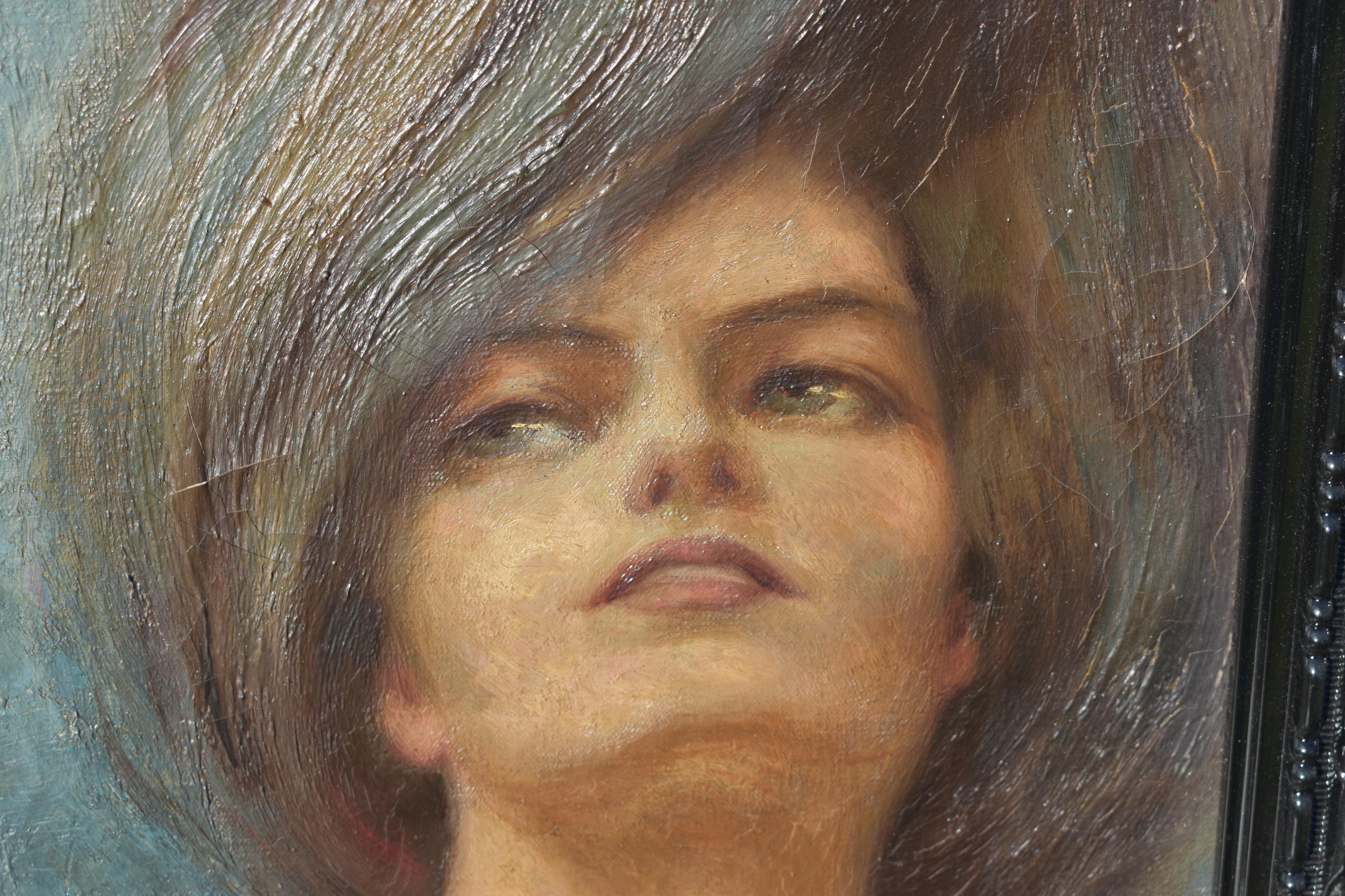 TG con monograma, pintura al óleo simbolista prerafaelista de finales del siglo XIX. Luna - Figurative Painting Azul de Unknown