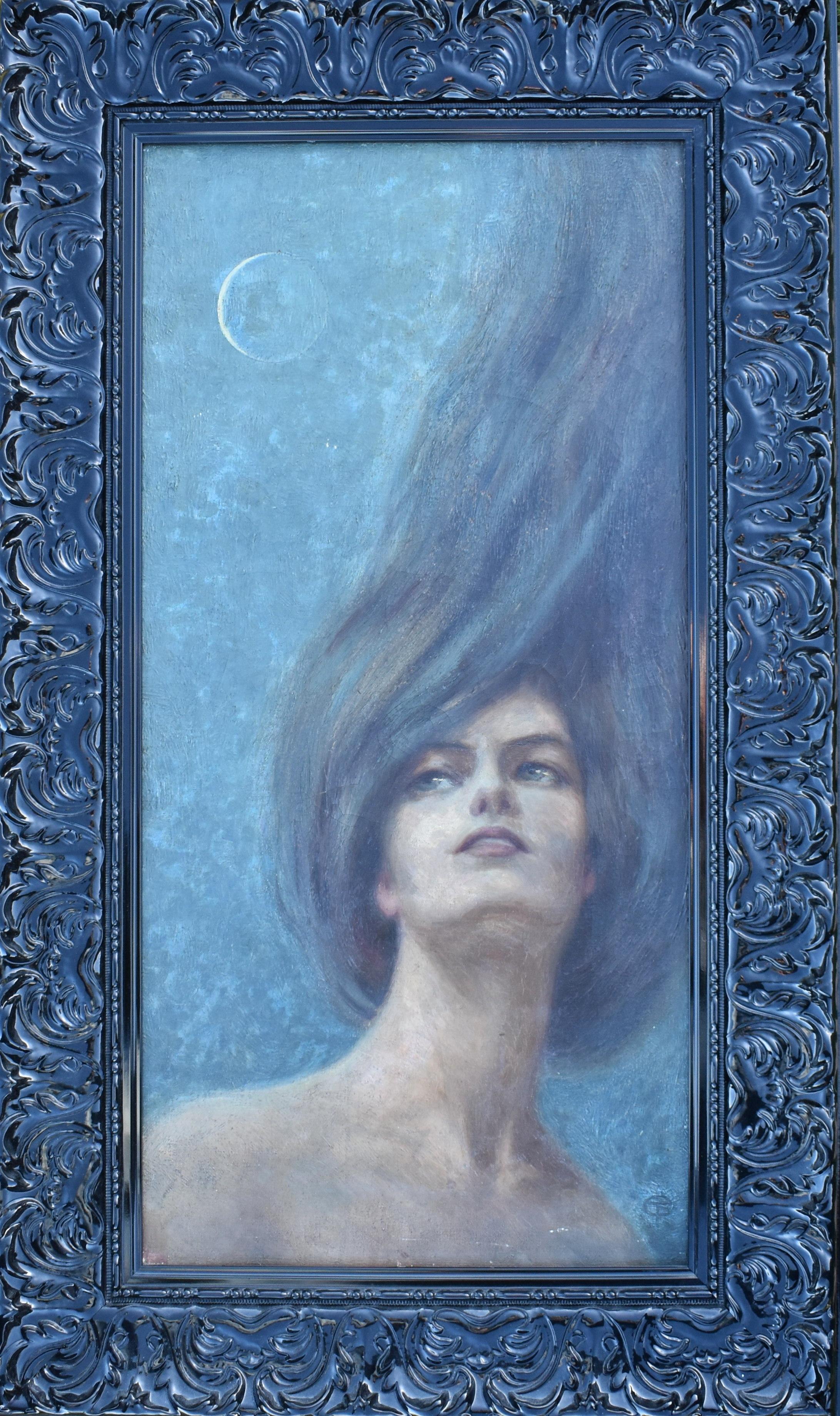 TG con monograma, pintura al óleo simbolista prerafaelista de finales del siglo XIX. Luna en venta 2
