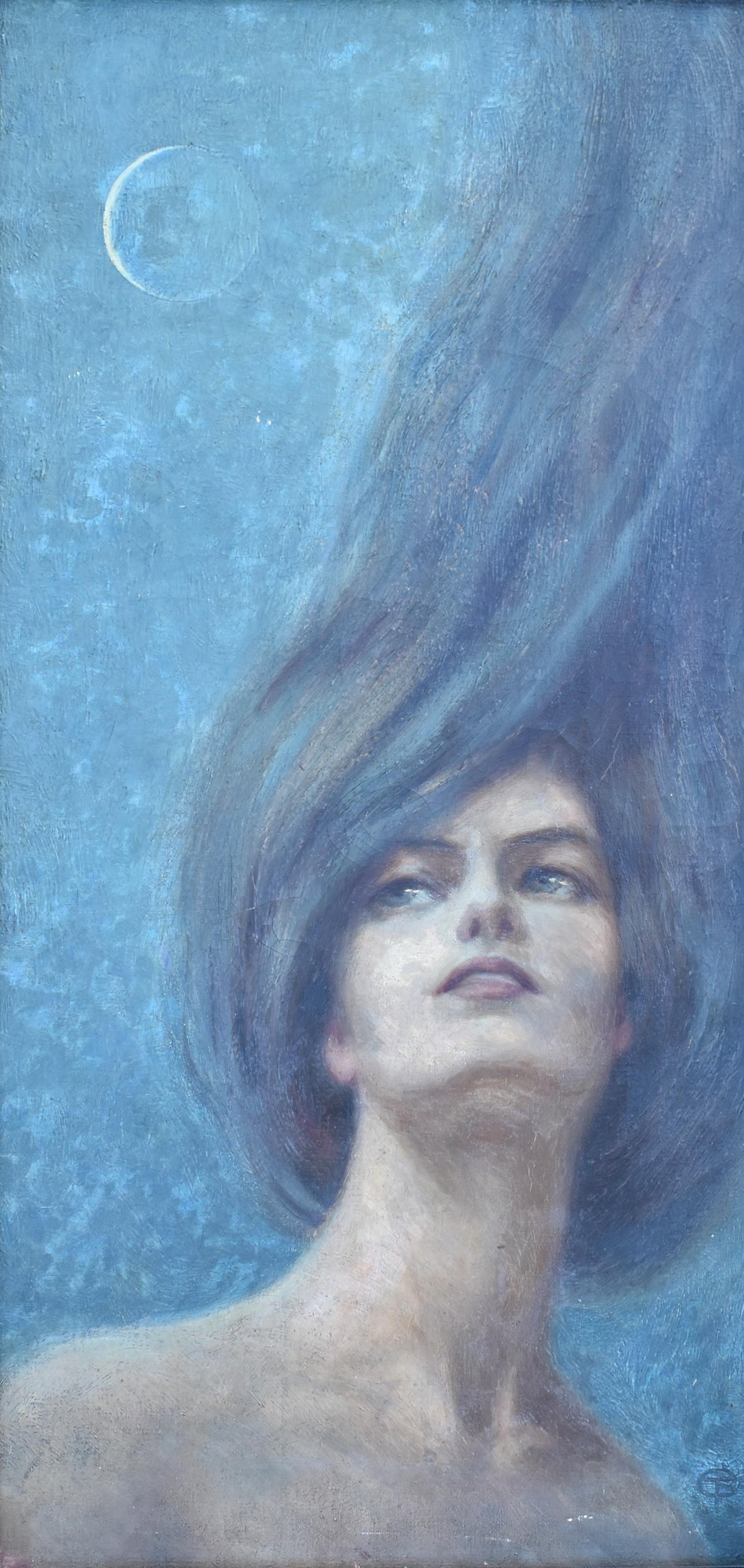 TG con monograma, pintura al óleo simbolista prerafaelista de finales del siglo XIX. Luna en venta 3