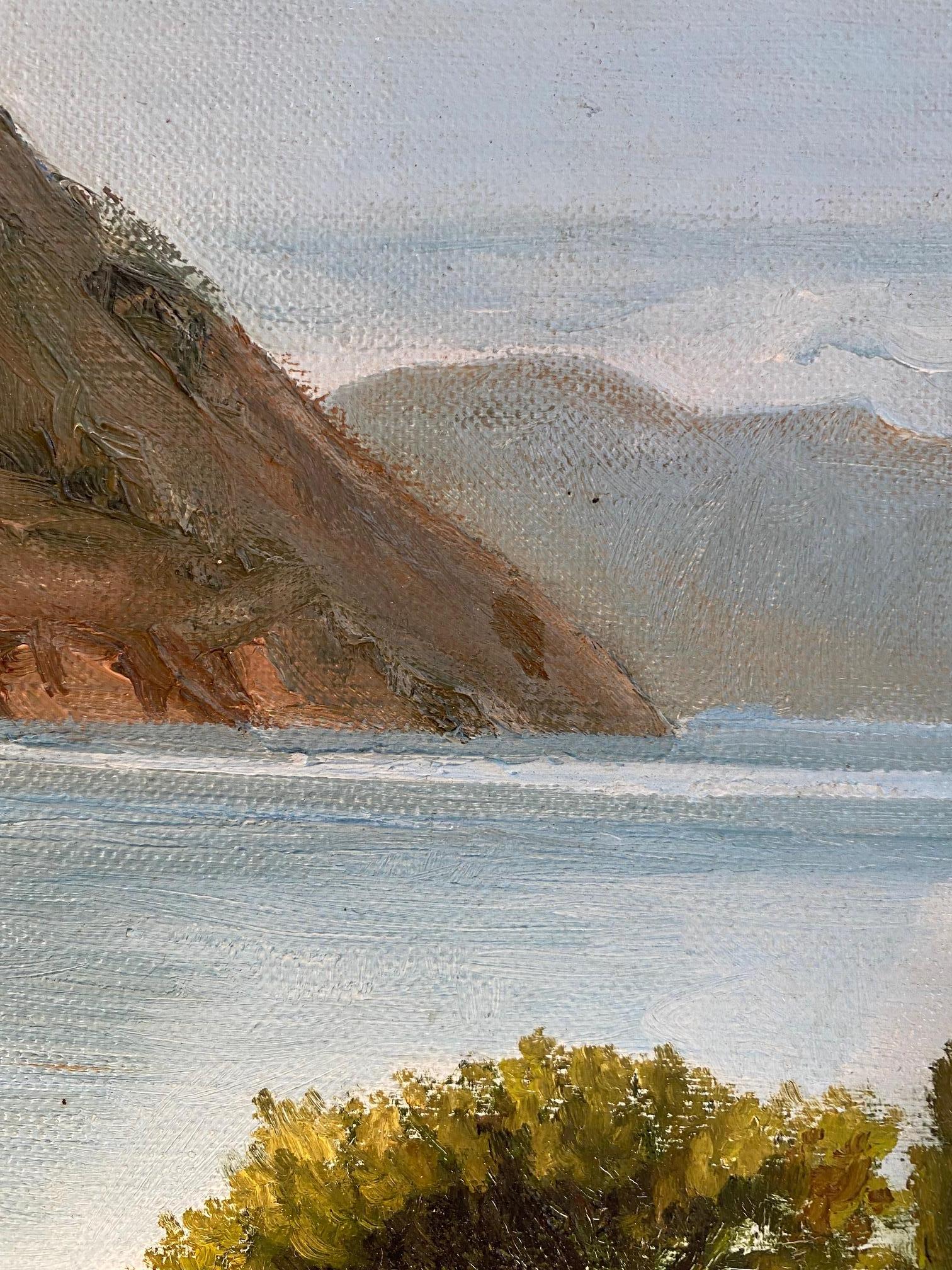 „Monte San Salvatore Lugano“ signiert E. Bernasconi - Öl auf Leinwand 30x37 cm (Grau), Landscape Painting, von Unknown