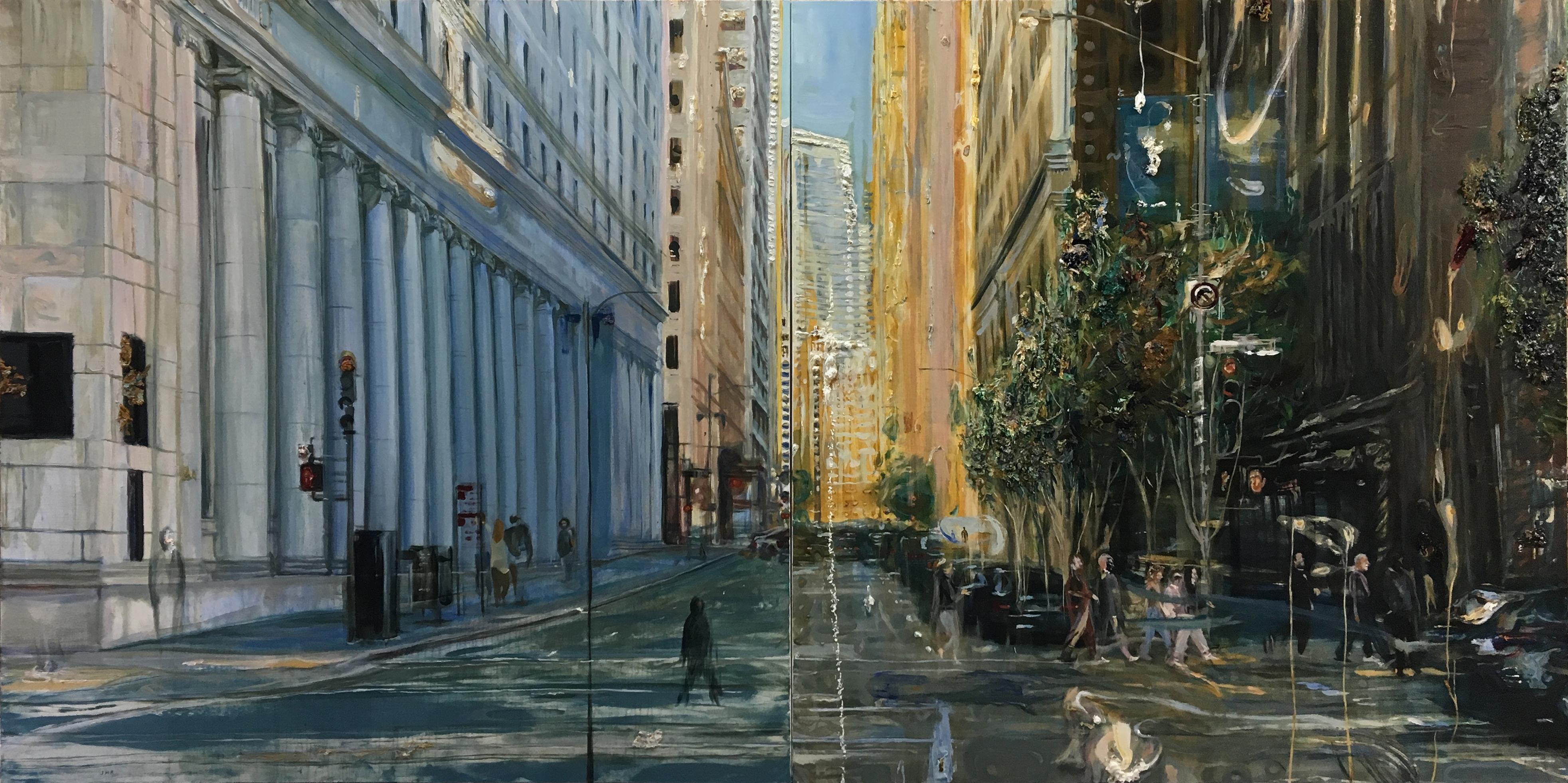 Jung Han Kim Landscape Painting - Montgomery St., Mid Century San Francisco cityscape in thick impasto oil